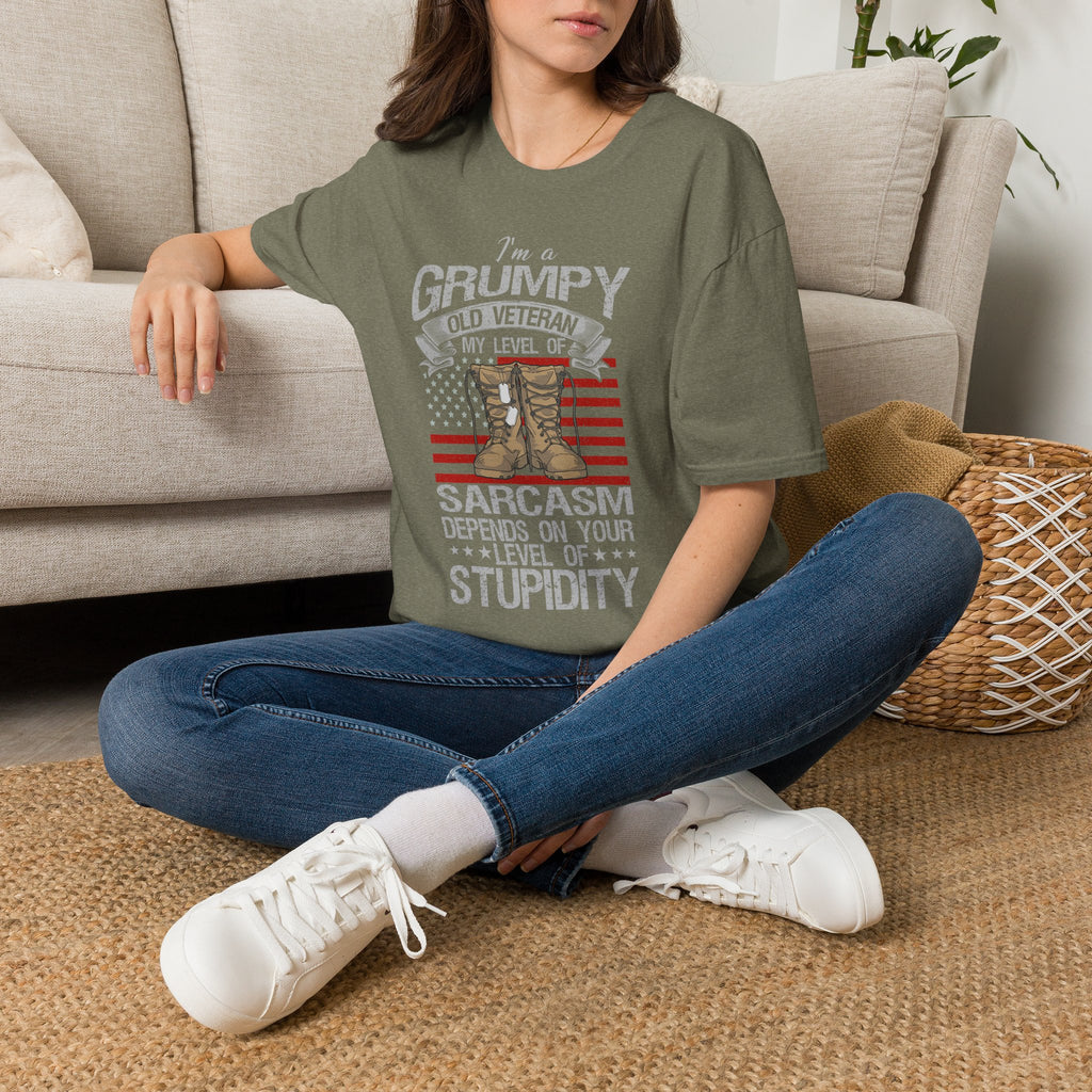 Grumpy Old Veteran Boots, T-Shirt | American Flag, Sarcasm Depends on Stupidity