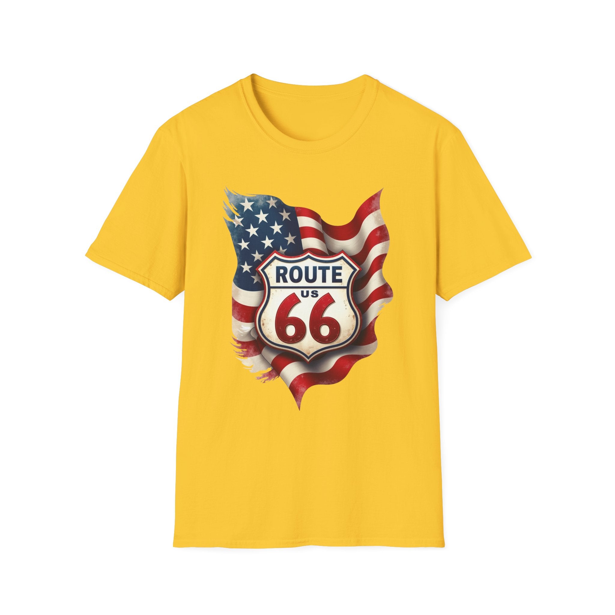 Route 66 Shield with American Flag T-Shirt | Vintage Road Trip Tee
