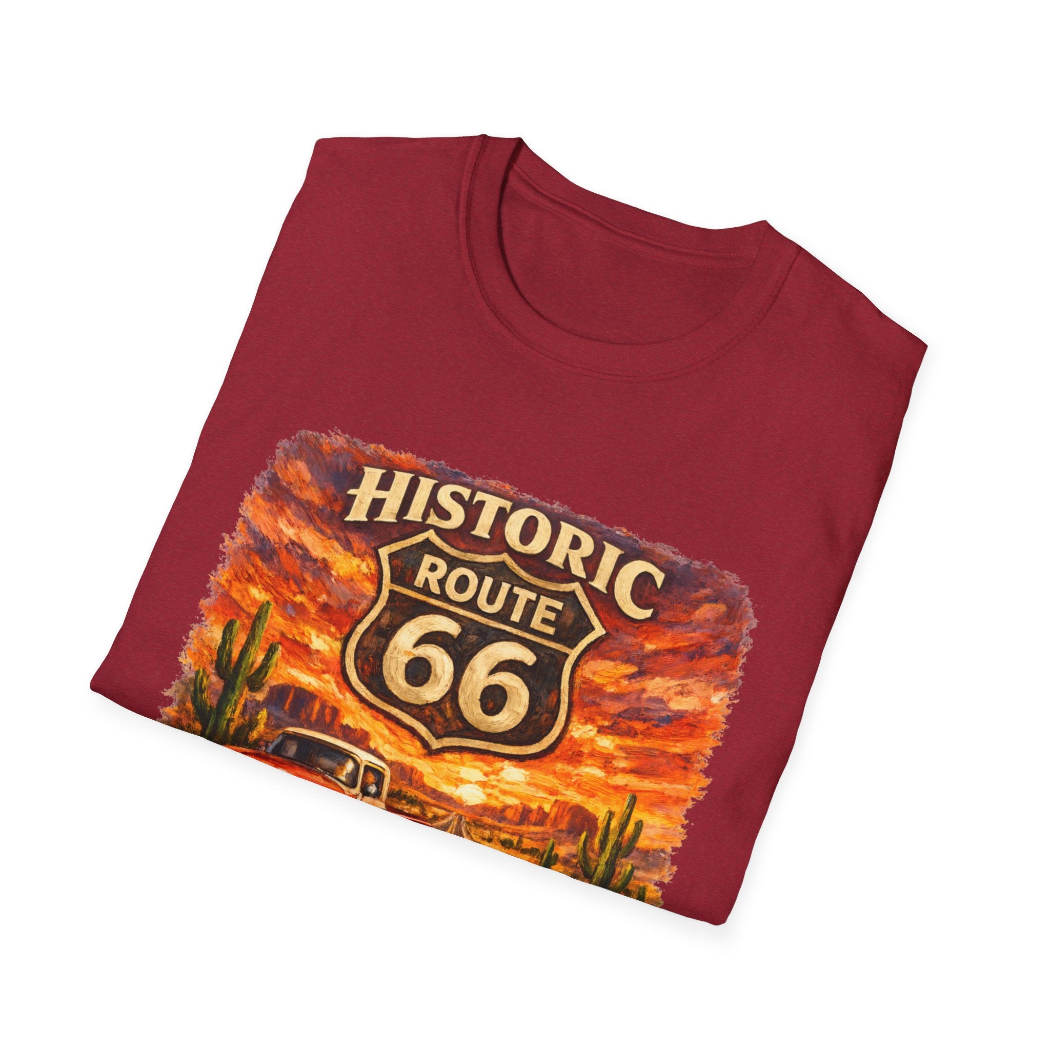Historic Route 66 Road Trip T-Shirt | Vintage Car Desert Sunset