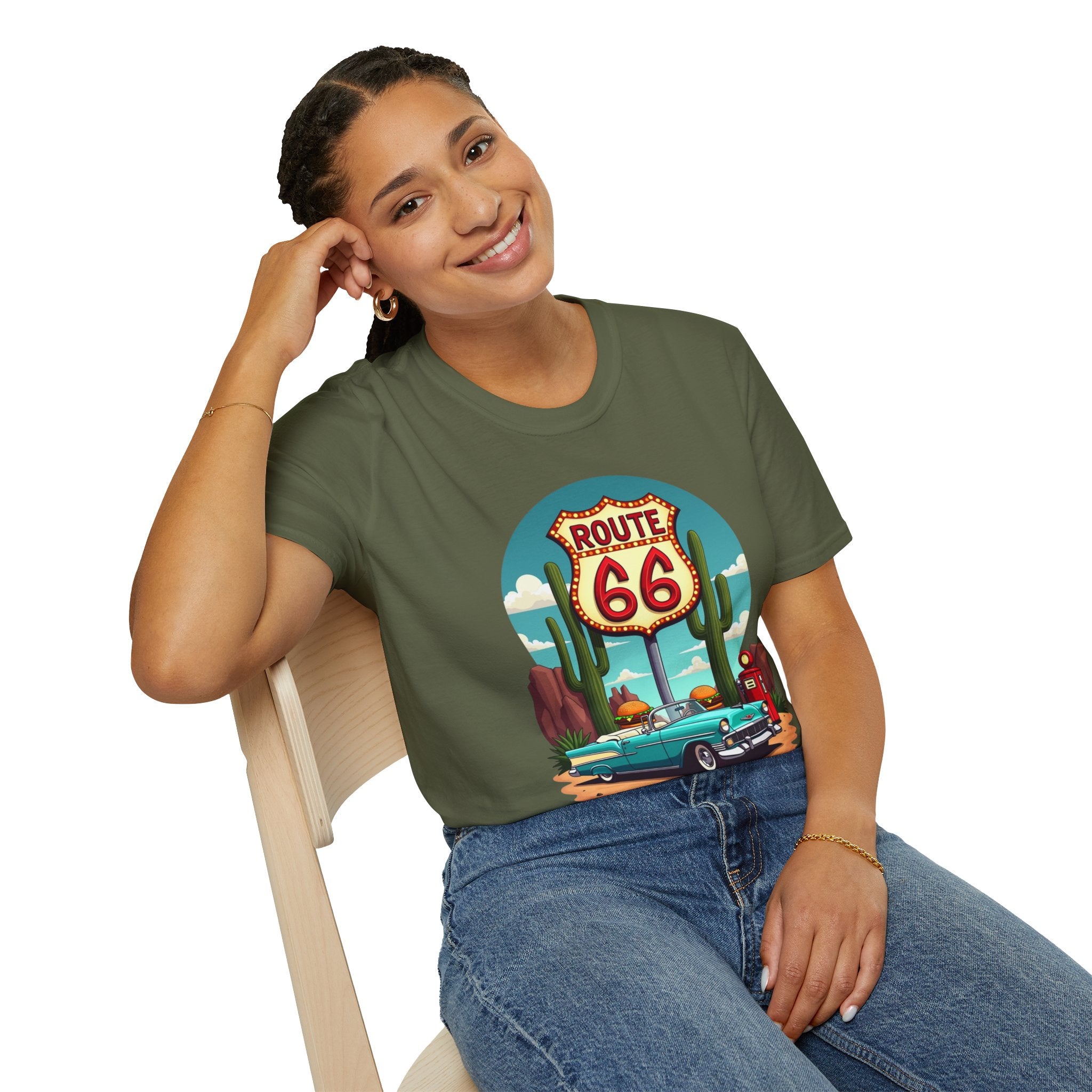 Route 66 Classic Car T-Shirt | Retro Desert Road Sign, Vintage Convertible
