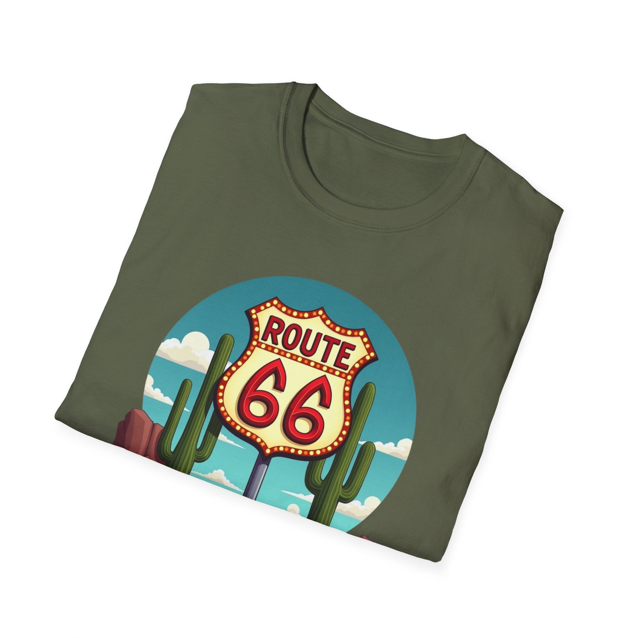 Route 66 Classic Car T-Shirt | Retro Desert Road Sign, Vintage Convertible