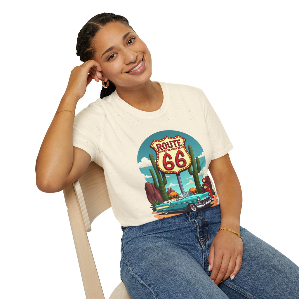 Route 66 Classic Car T-Shirt | Retro Desert Road Sign, Vintage Convertible