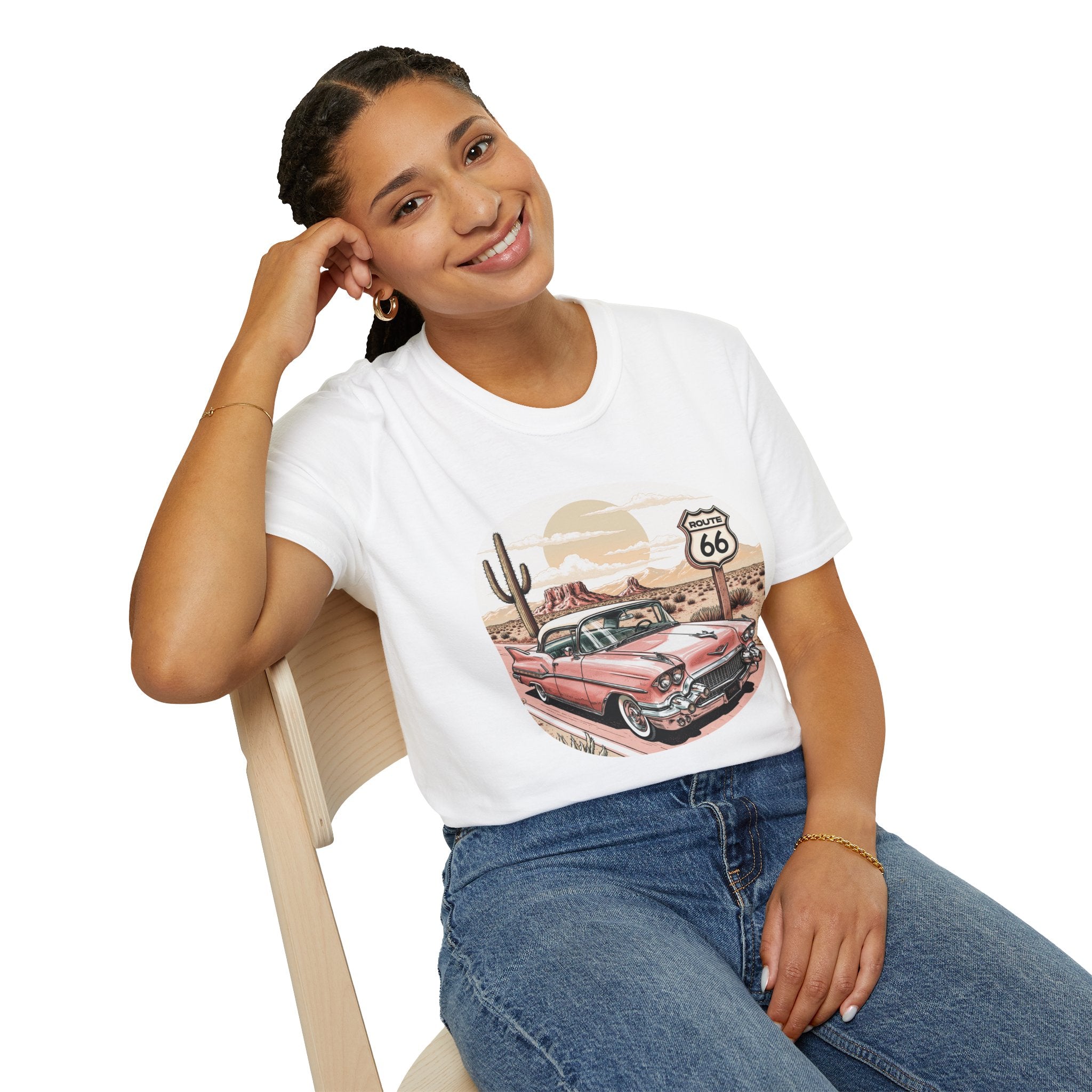 Retro Pink Classic Car Route 66 T-Shirt | Desert Cactus Vintage Roadtrip