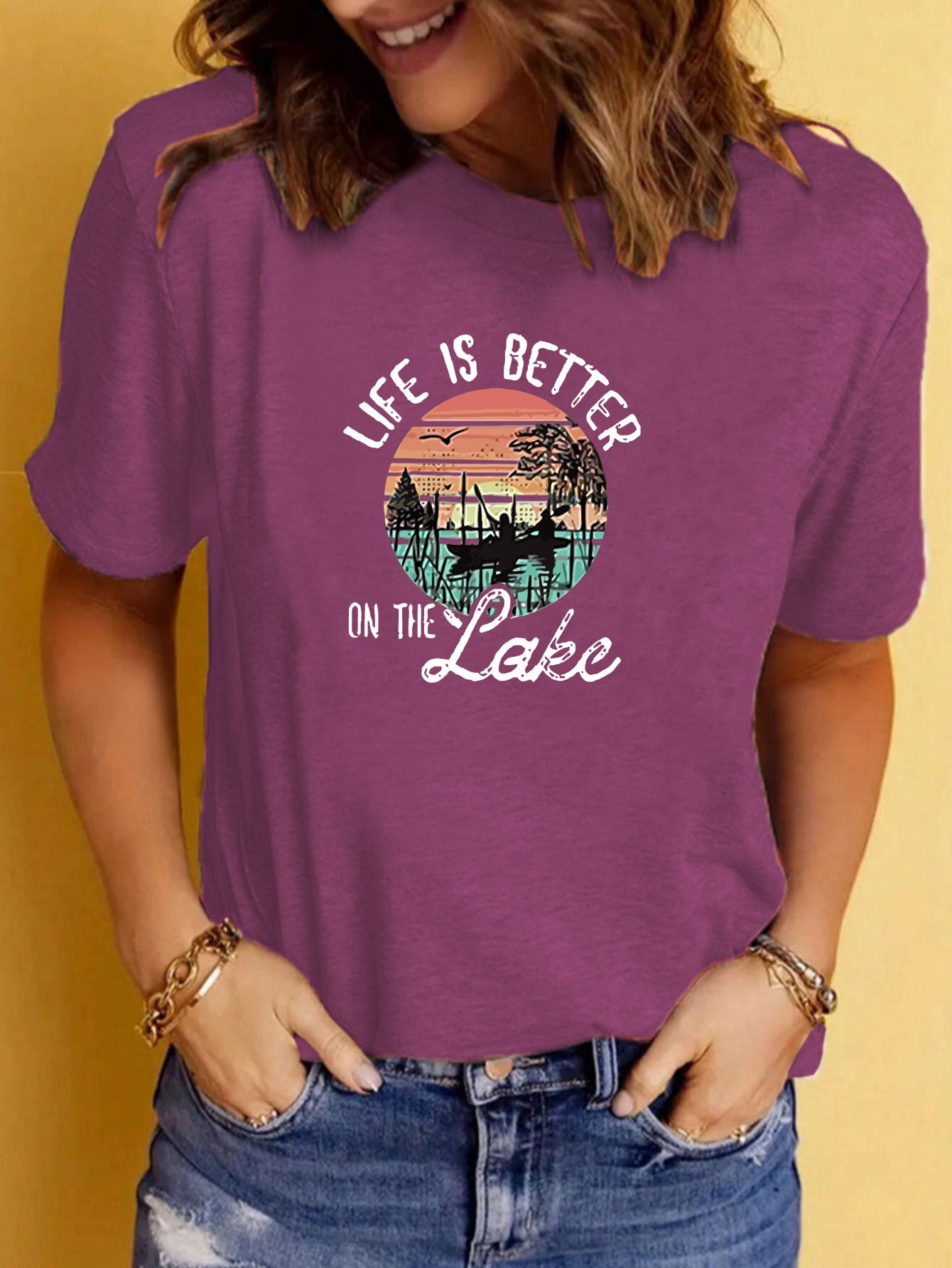 LAKE print round neck short sleeved T-shirt