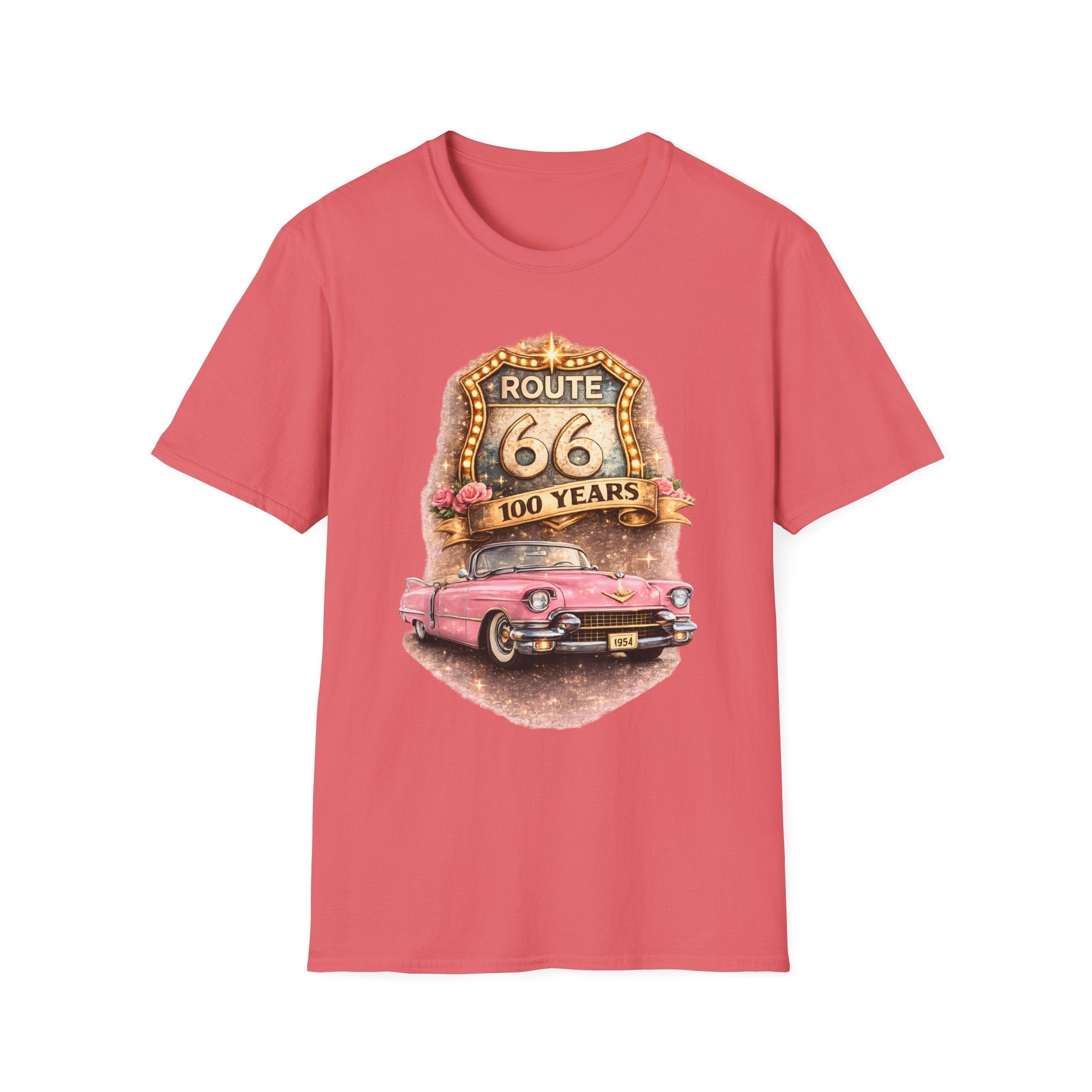 Route 66 100 Years Pink Classic Car T-Shirt | Vintage Road Trip Tee