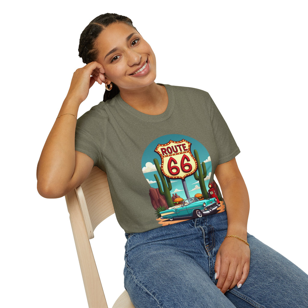 Route 66 Classic Car T-Shirt | Retro Desert Road Sign, Vintage Convertible