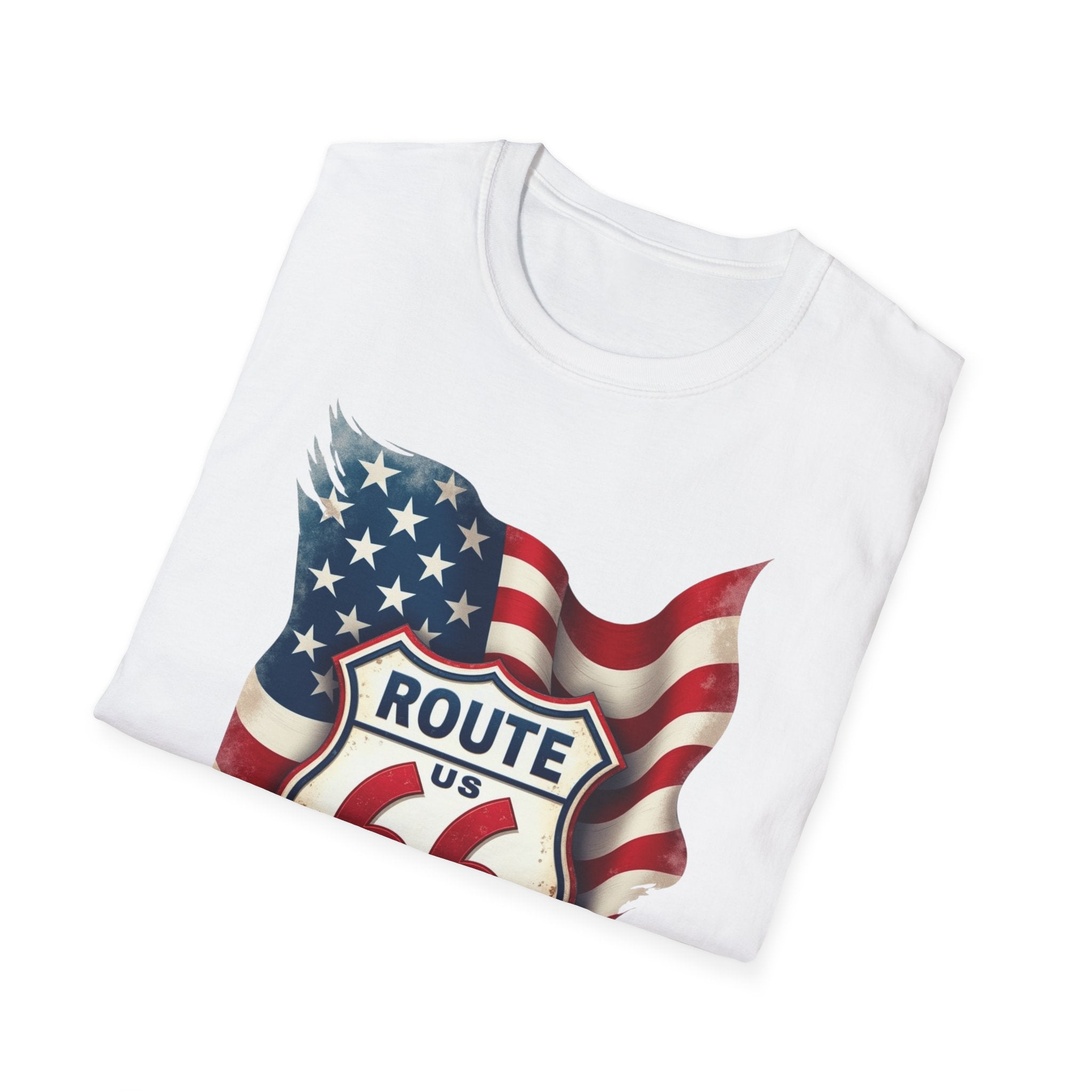 Route 66 Shield with American Flag T-Shirt | Vintage Road Trip Tee