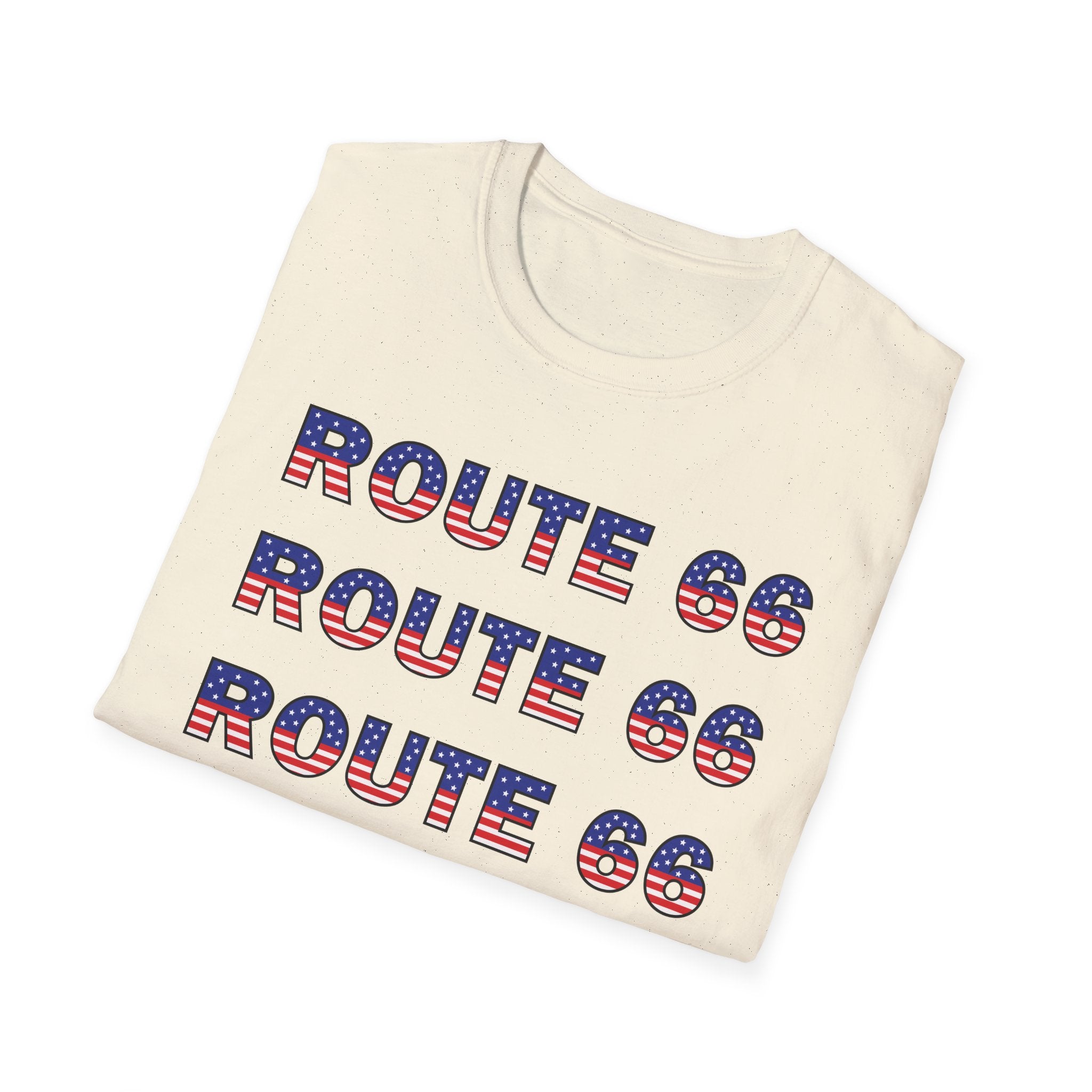 Route 66 Retro Text T-Shirt | American Flag Roadtrip Graphic