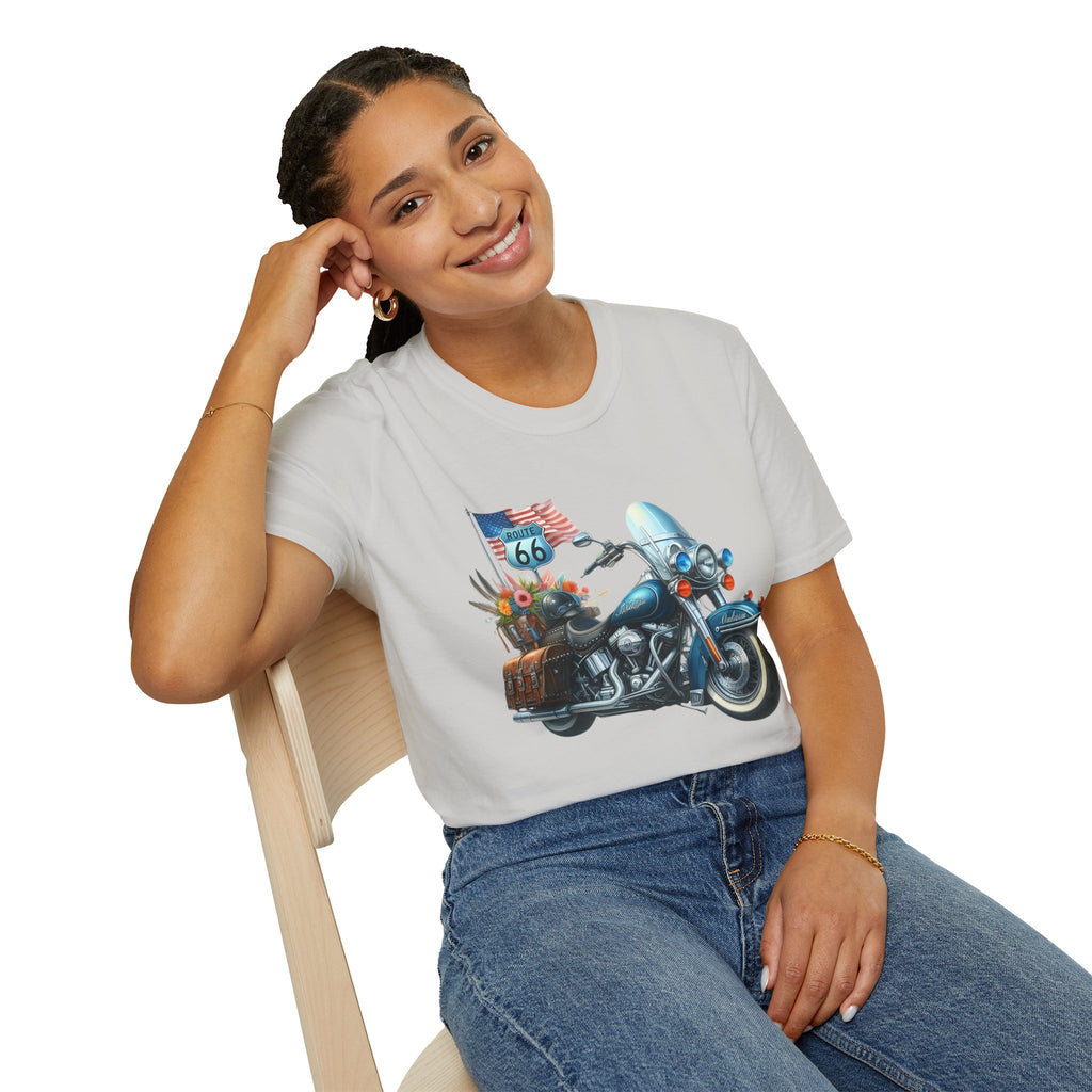 Route 66 Motorcycle Illustration T-Shirt | American Flag, Sunflowers