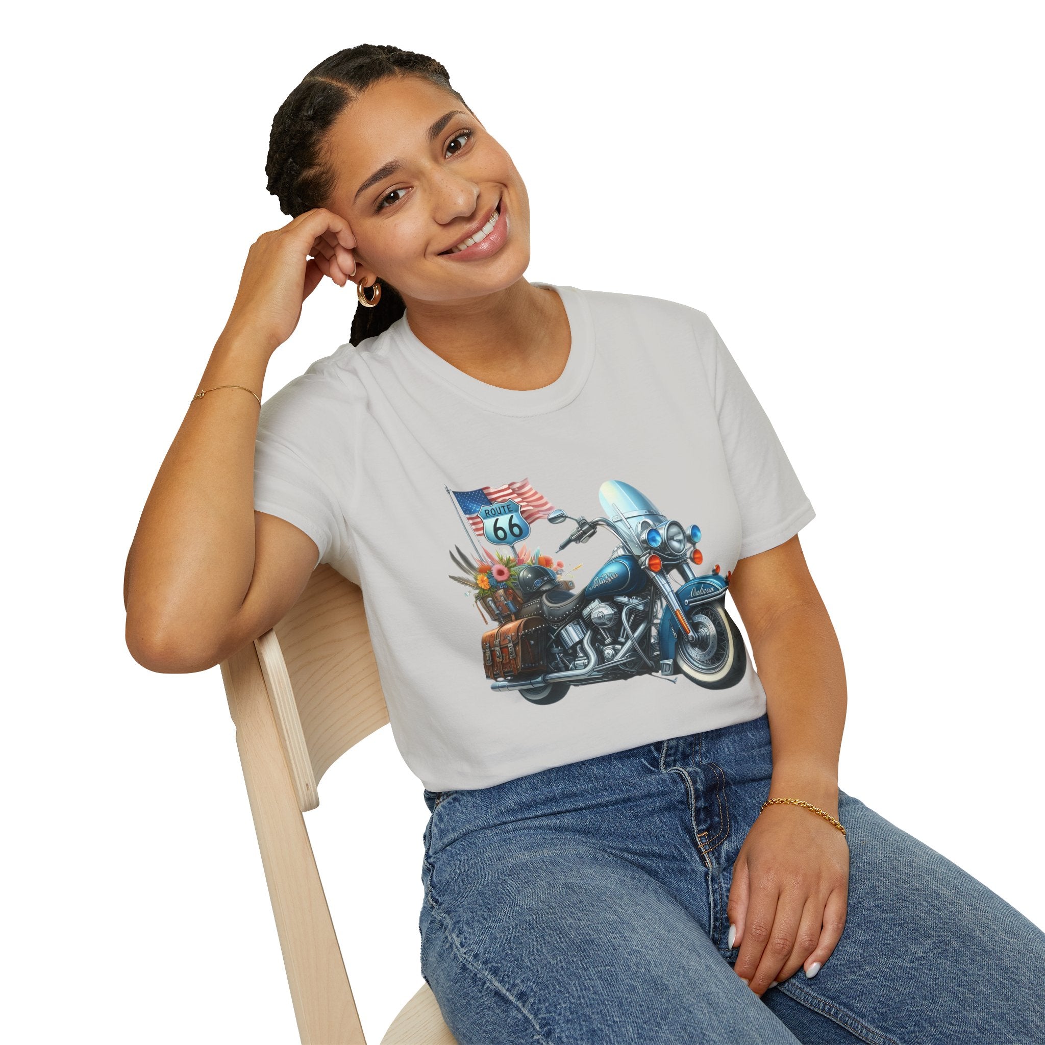 Route 66 Motorcycle Illustration T-Shirt | American Flag, Sunflowers