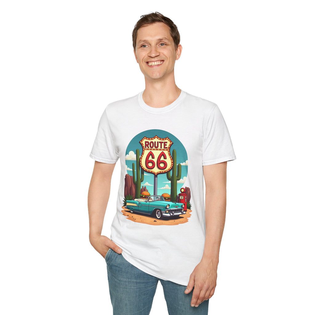 Route 66 Classic Car T-Shirt | Retro Desert Road Sign, Vintage Convertible