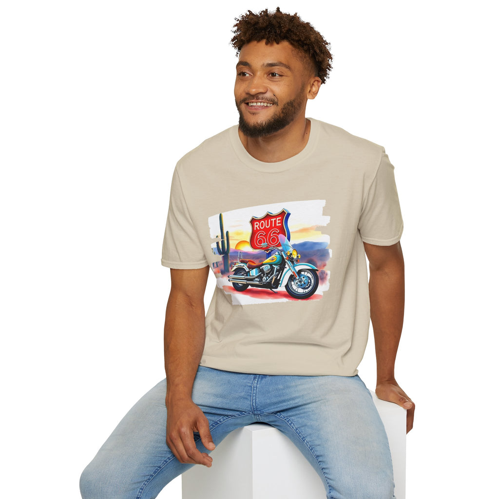 Route 66 Motorcycle T-Shirt | Desert Sunset Biker Graphic