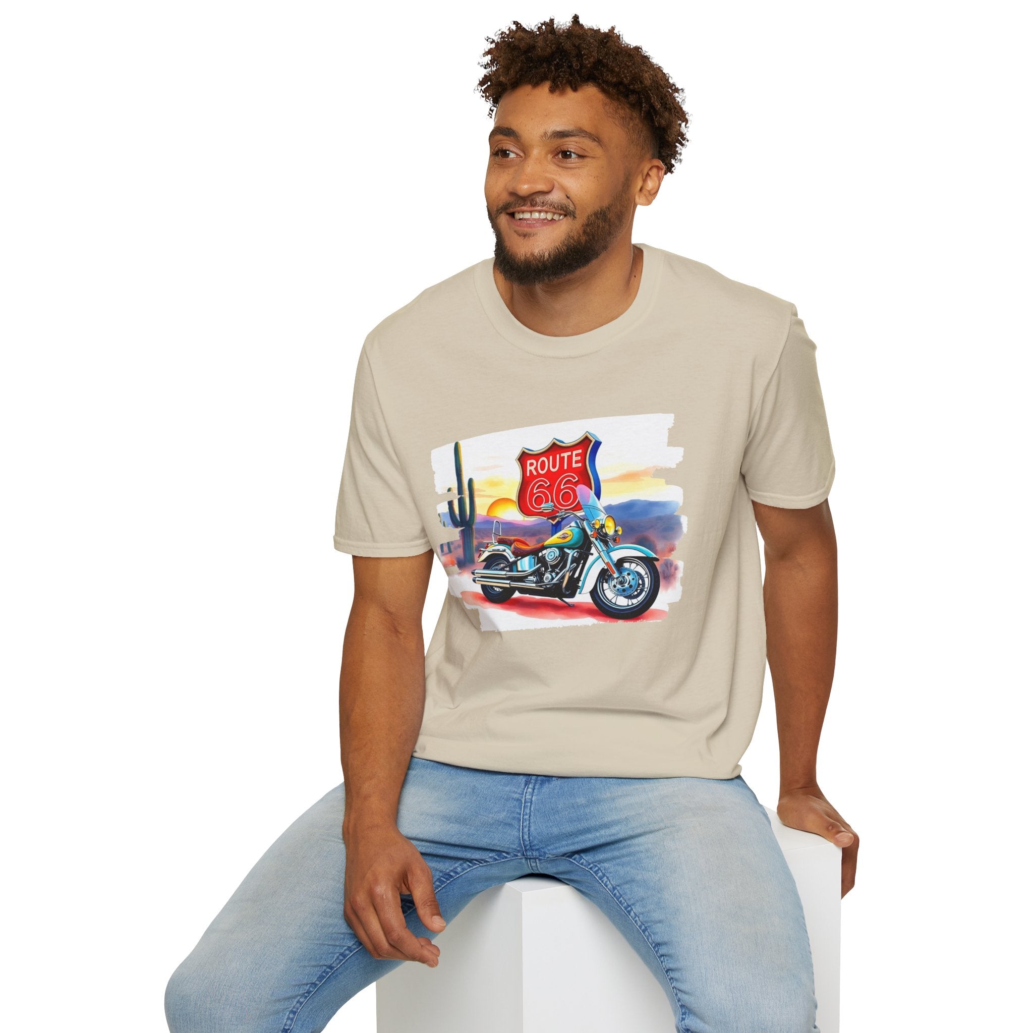 Route 66 Motorcycle T-Shirt | Desert Sunset Biker Graphic