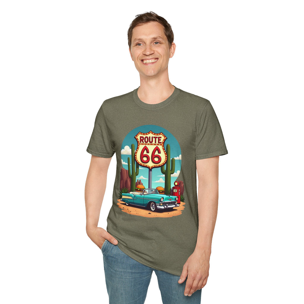 Route 66 Classic Car T-Shirt | Retro Desert Road Sign, Vintage Convertible