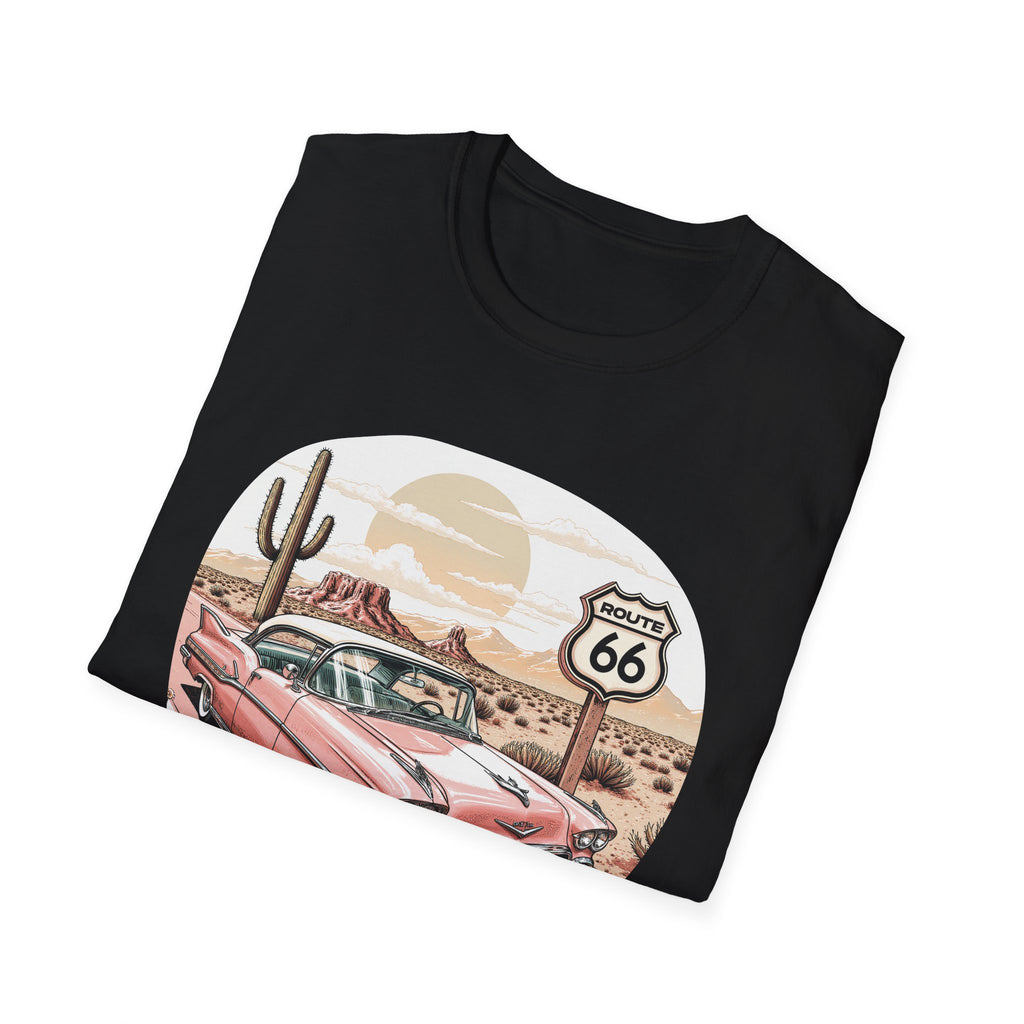 Retro Pink Classic Car Route 66 T-Shirt | Desert Cactus Vintage Roadtrip