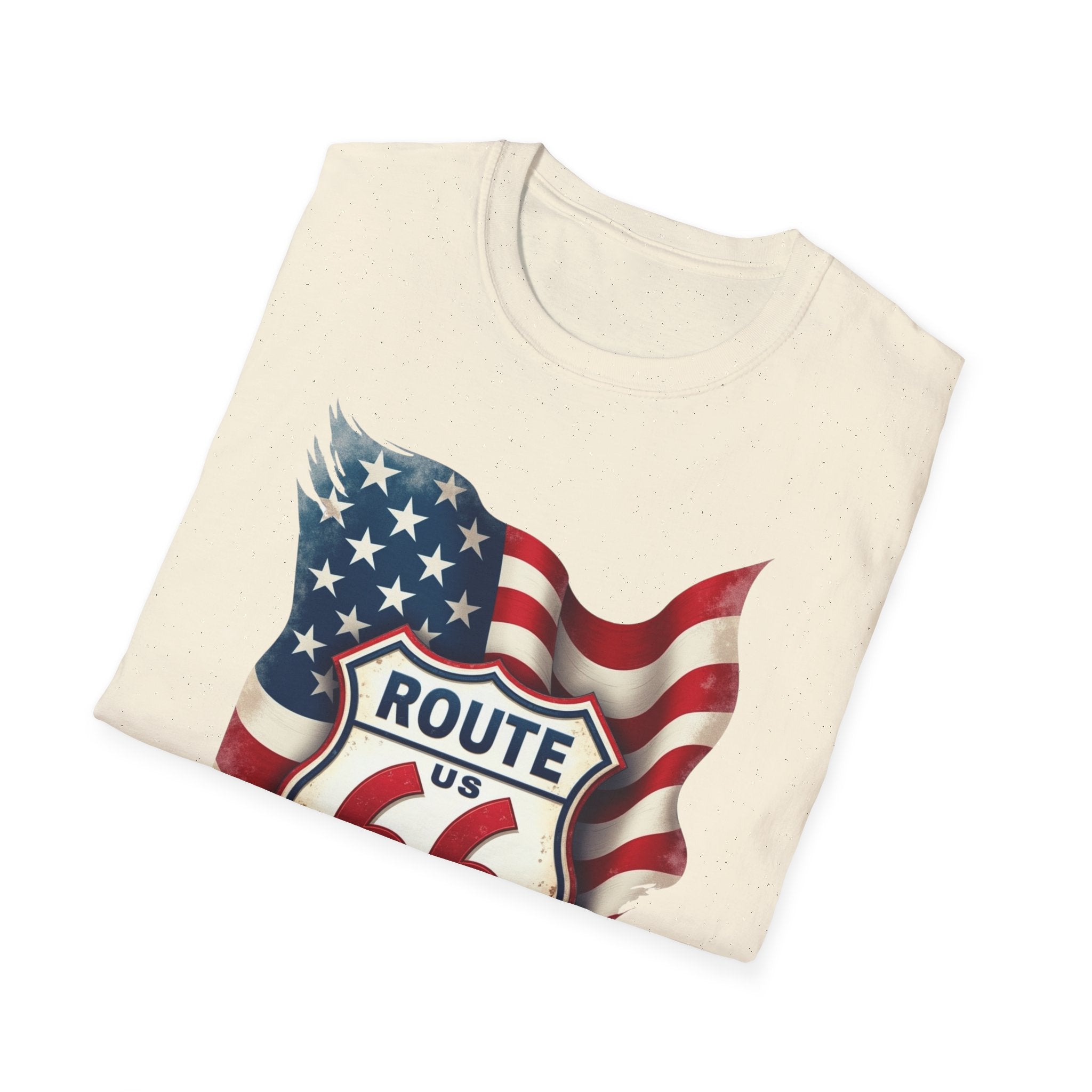 Route 66 Shield with American Flag T-Shirt | Vintage Road Trip Tee