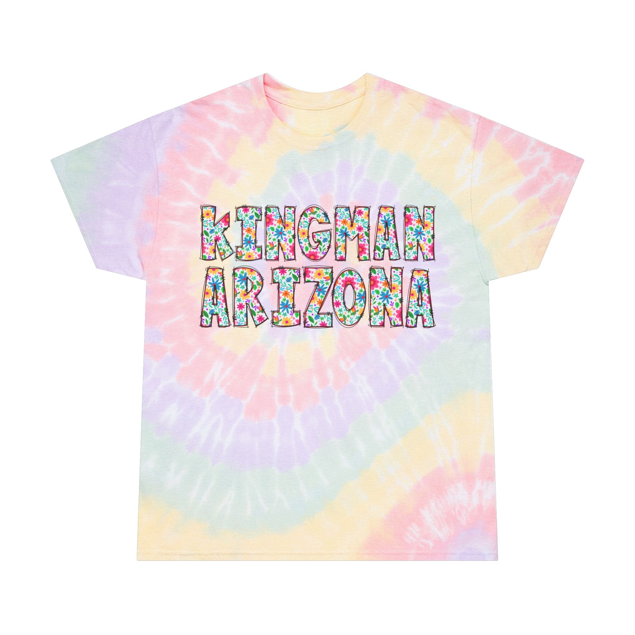 Colorful Tie-Dye Tee with 'Kingman Arizona' Design, Summer Vibe, Perfect for Festivals, Gifts, Beach Days, Casual Wear