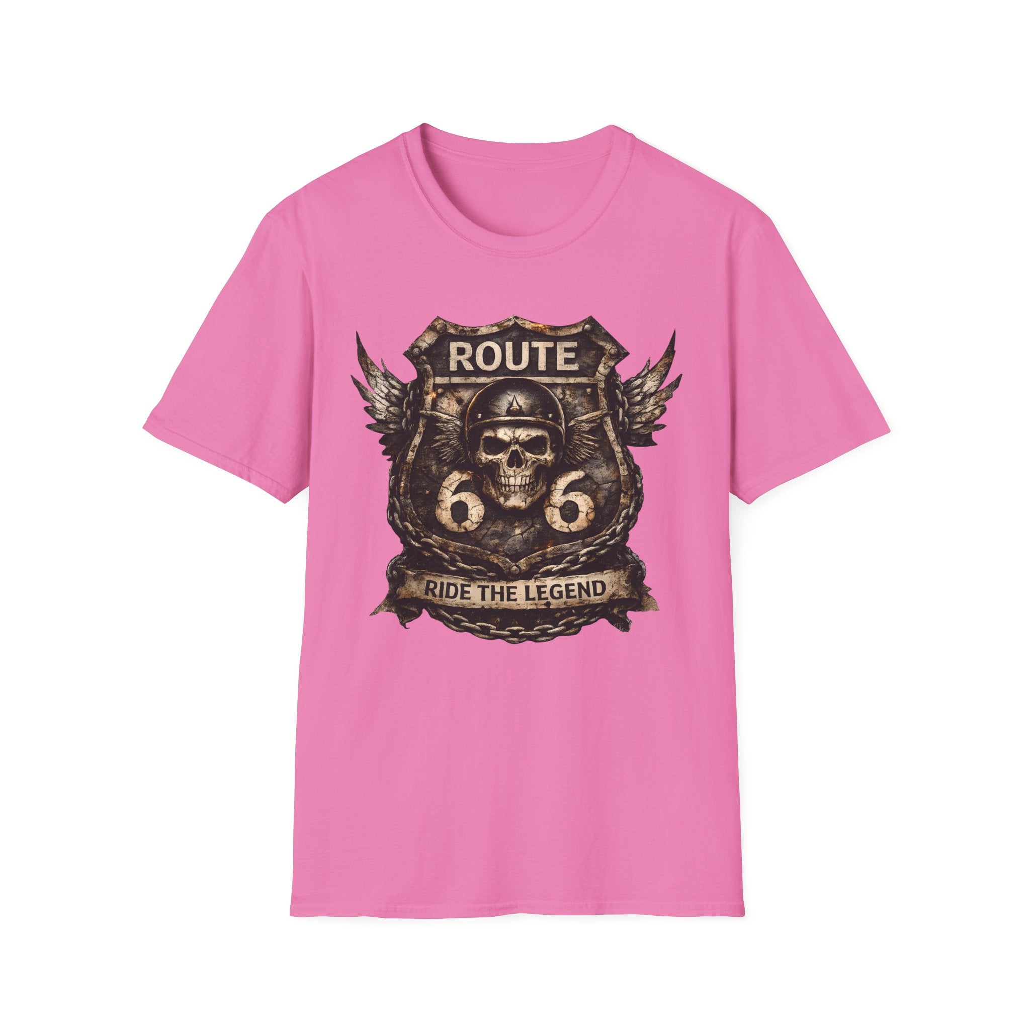 Route 66 Skull Badge T-Shirt | Ride the Legend, Winged Helmet Motorcycle Design