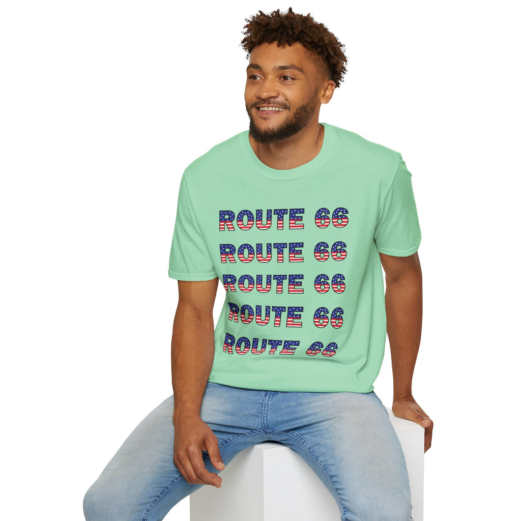 Route 66 Retro Text T-Shirt | American Flag Roadtrip Graphic