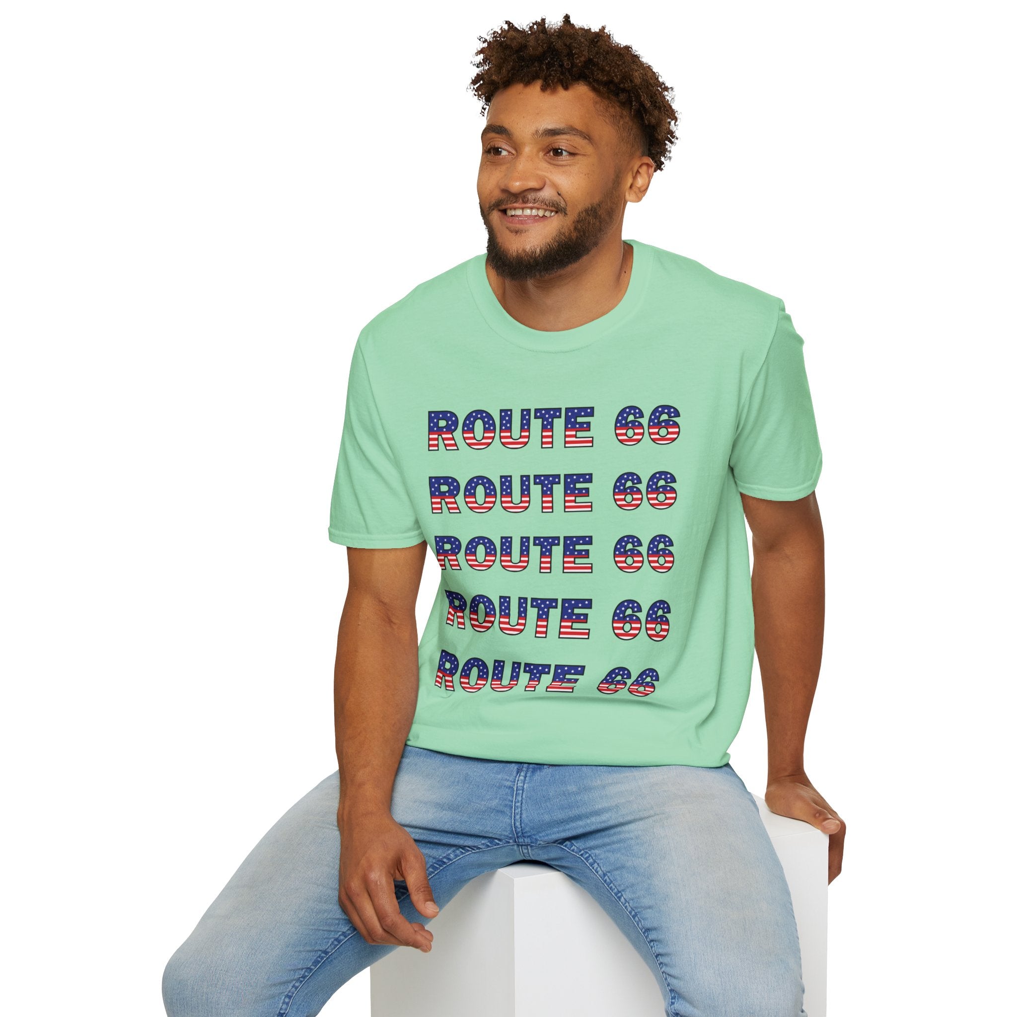 Route 66 Retro Text T-Shirt | American Flag Roadtrip Graphic