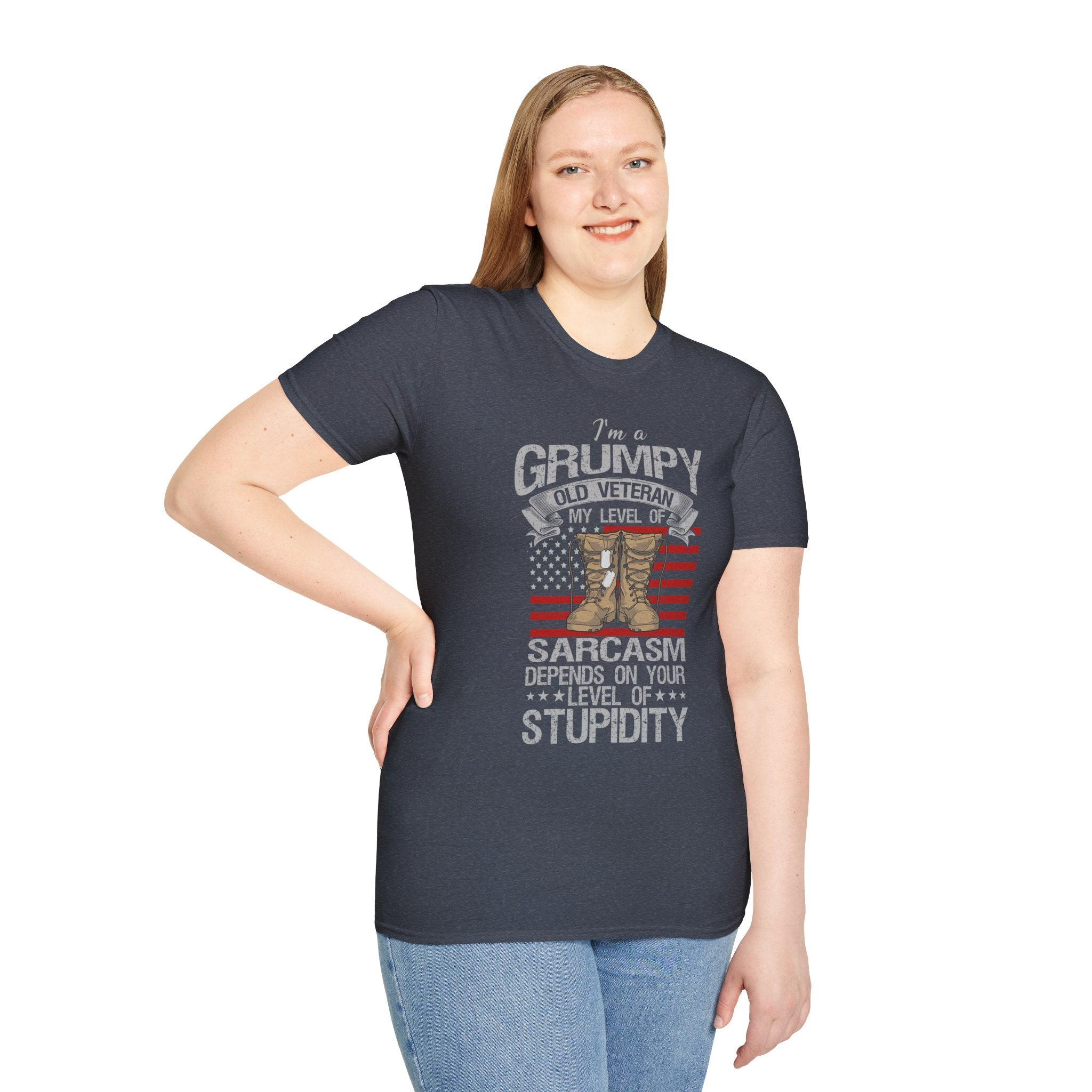 Grumpy Old Veteran Boots, T-Shirt | American Flag, Sarcasm Depends on Stupidity
