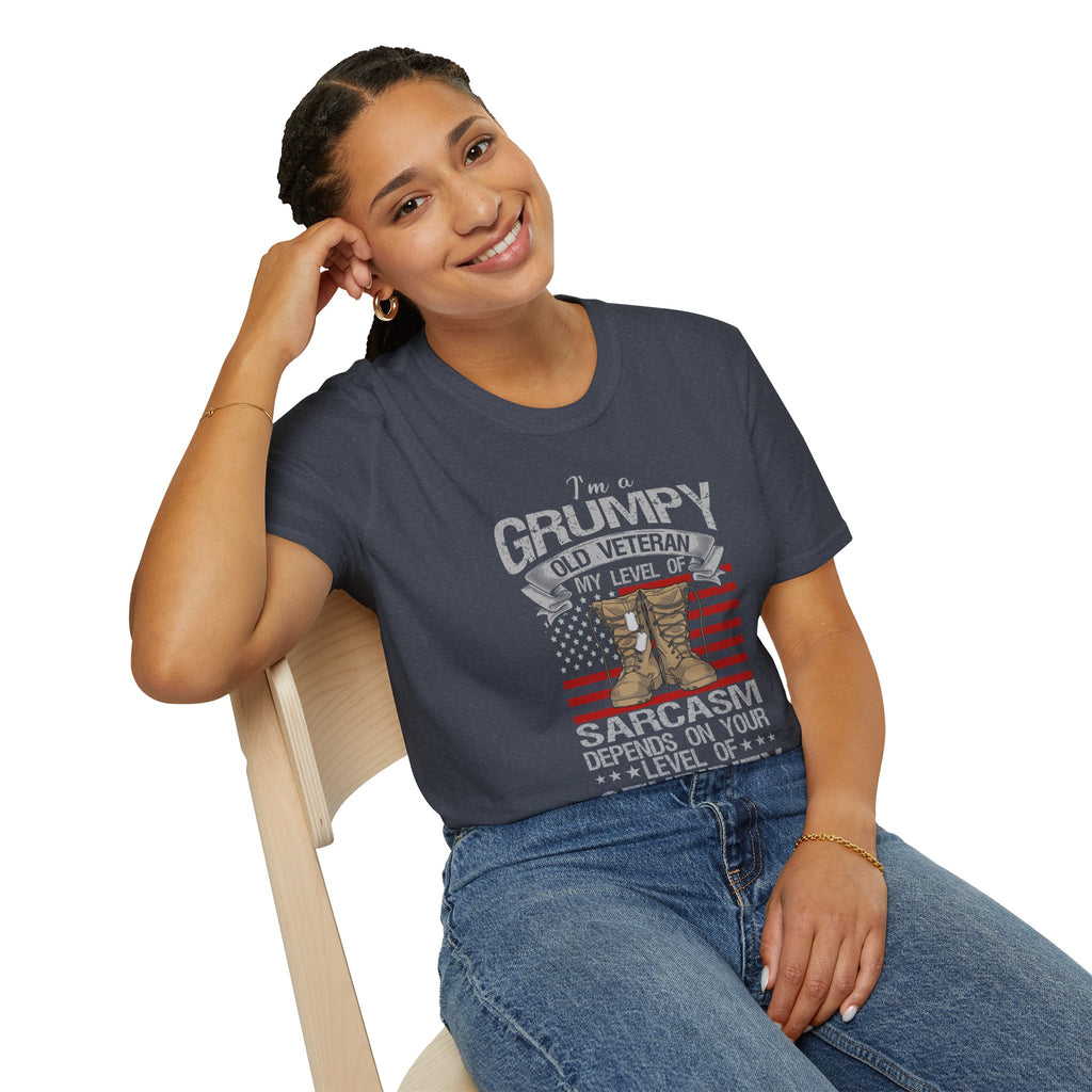 Grumpy Old Veteran Boots, T-Shirt | American Flag, Sarcasm Depends on Stupidity