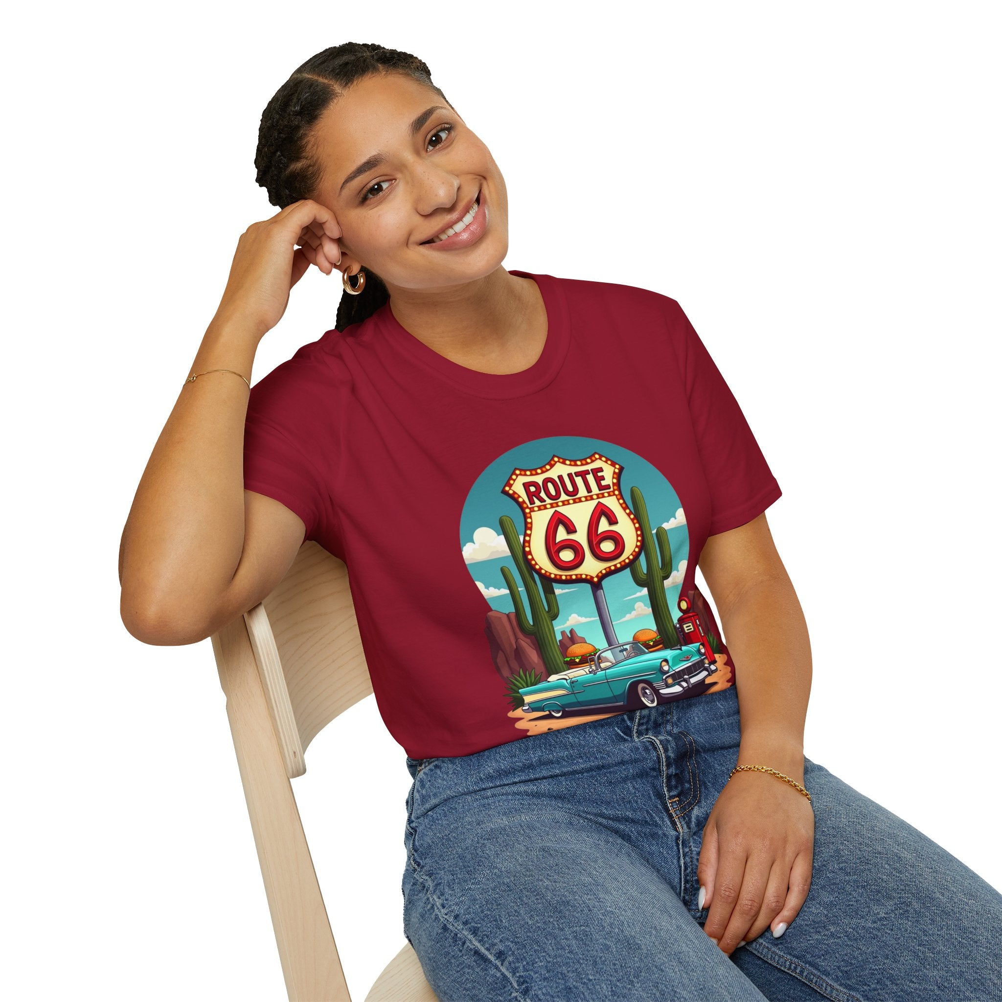 Route 66 Classic Car T-Shirt | Retro Desert Road Sign, Vintage Convertible