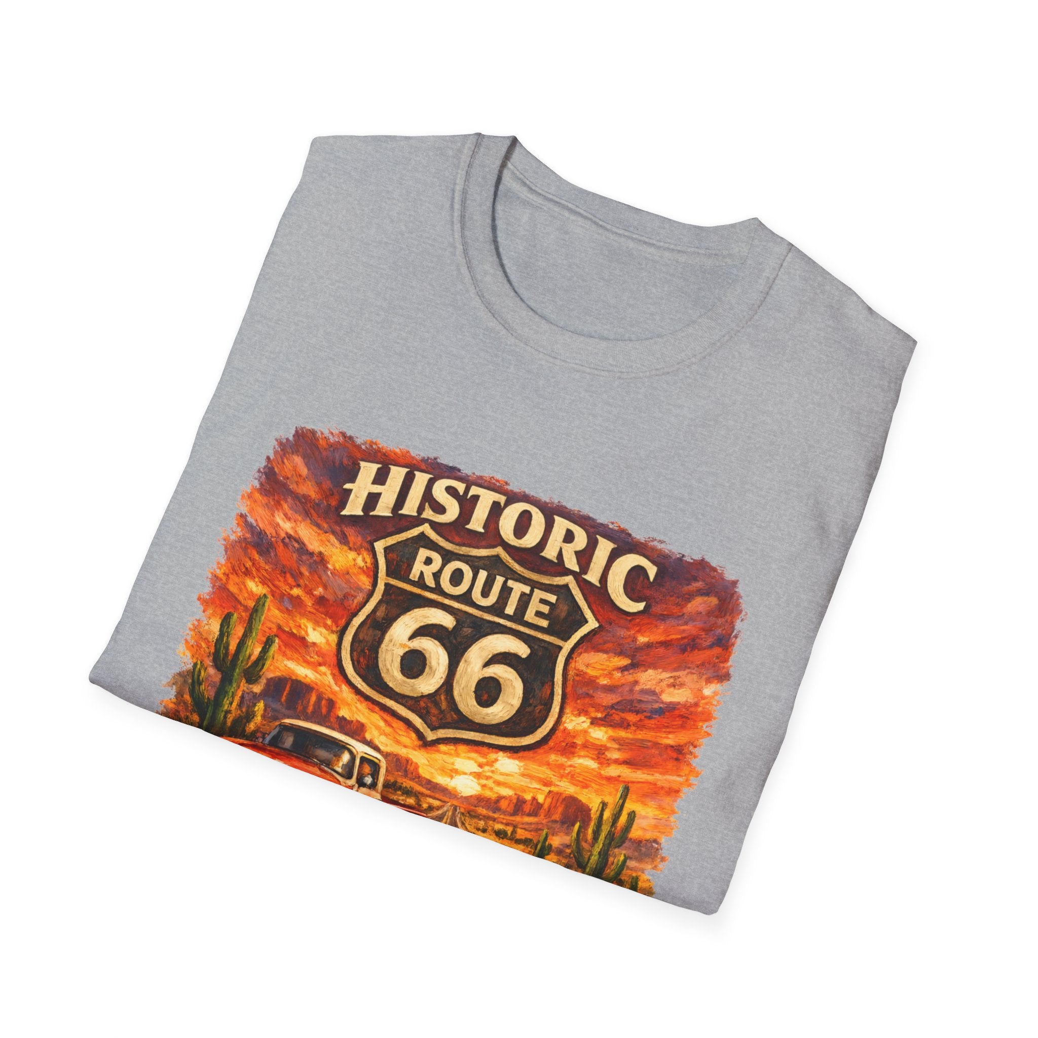 Historic Route 66 Road Trip T-Shirt | Vintage Car Desert Sunset