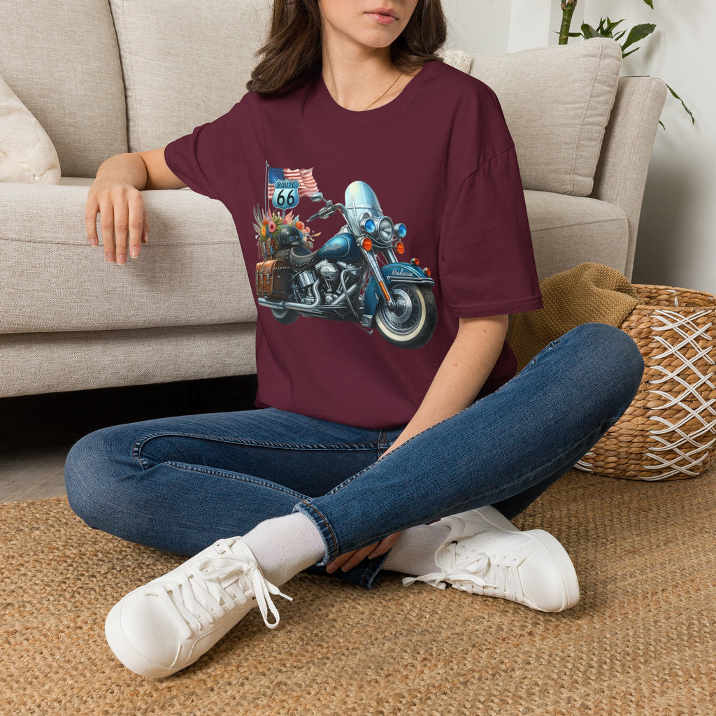 Route 66 Motorcycle Illustration T-Shirt | American Flag, Sunflowers
