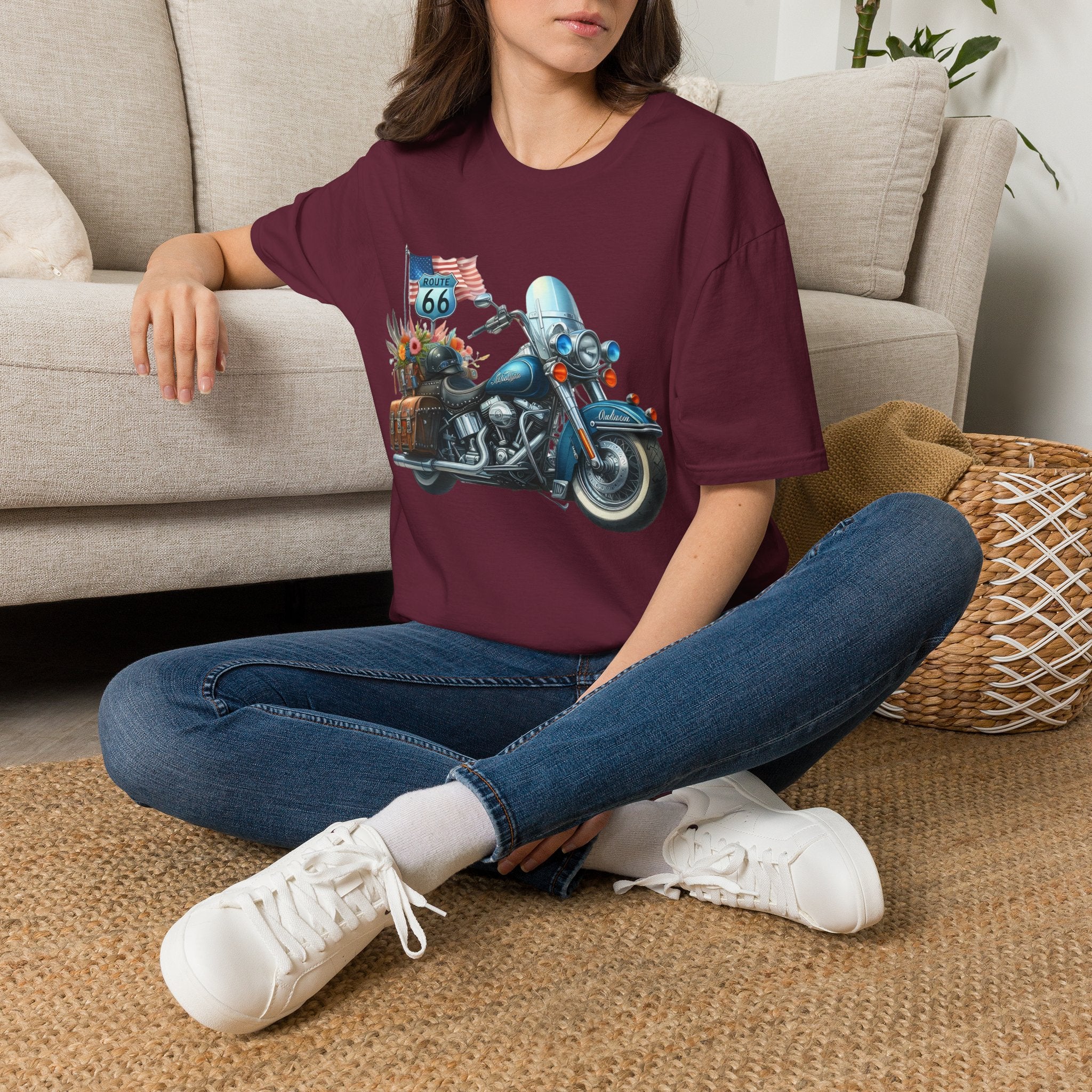 Route 66 Motorcycle Illustration T-Shirt | American Flag, Sunflowers