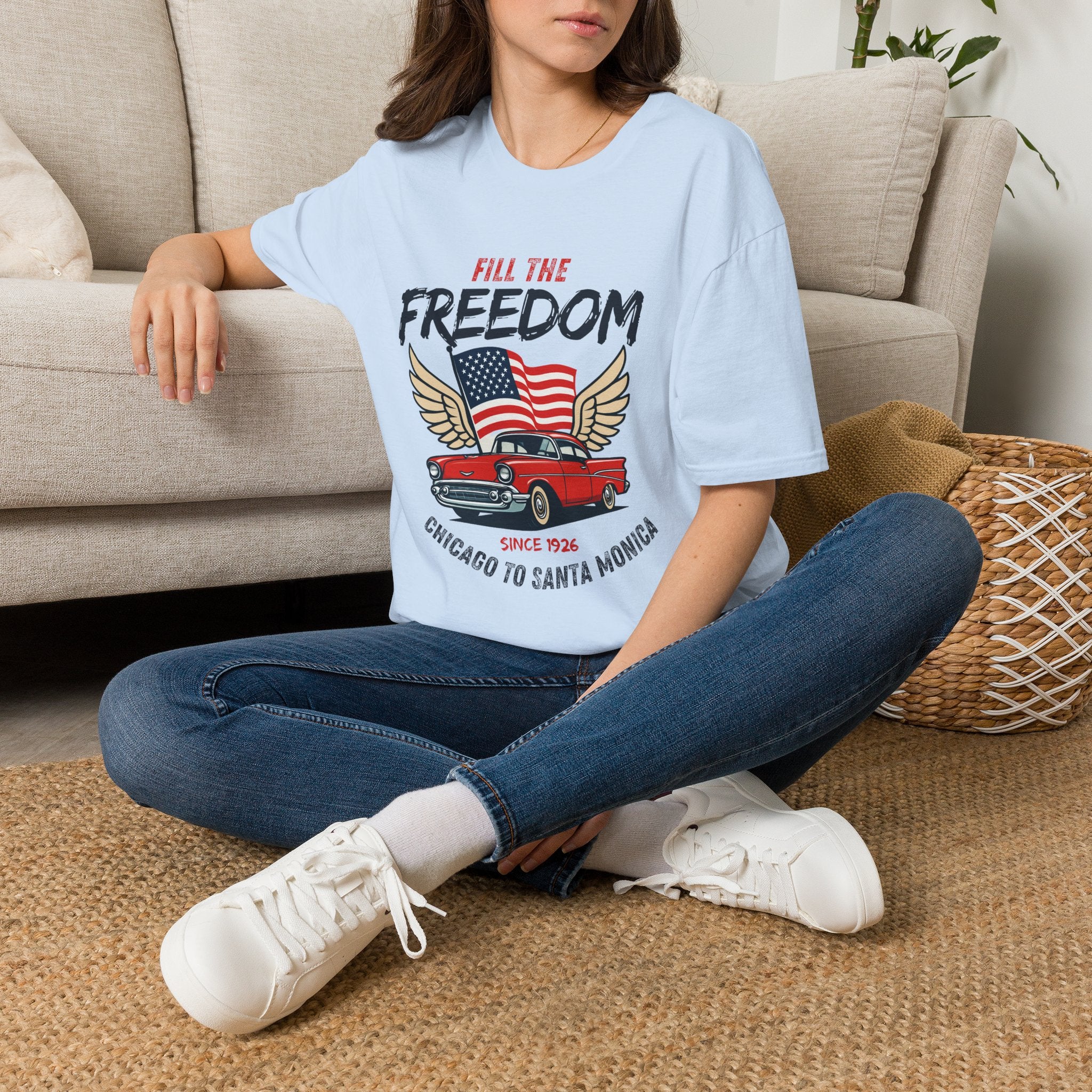 Fill the Freedom Vintage Car T-Shirt | American Flag Wings Chicago to Santa Monica Route 66
