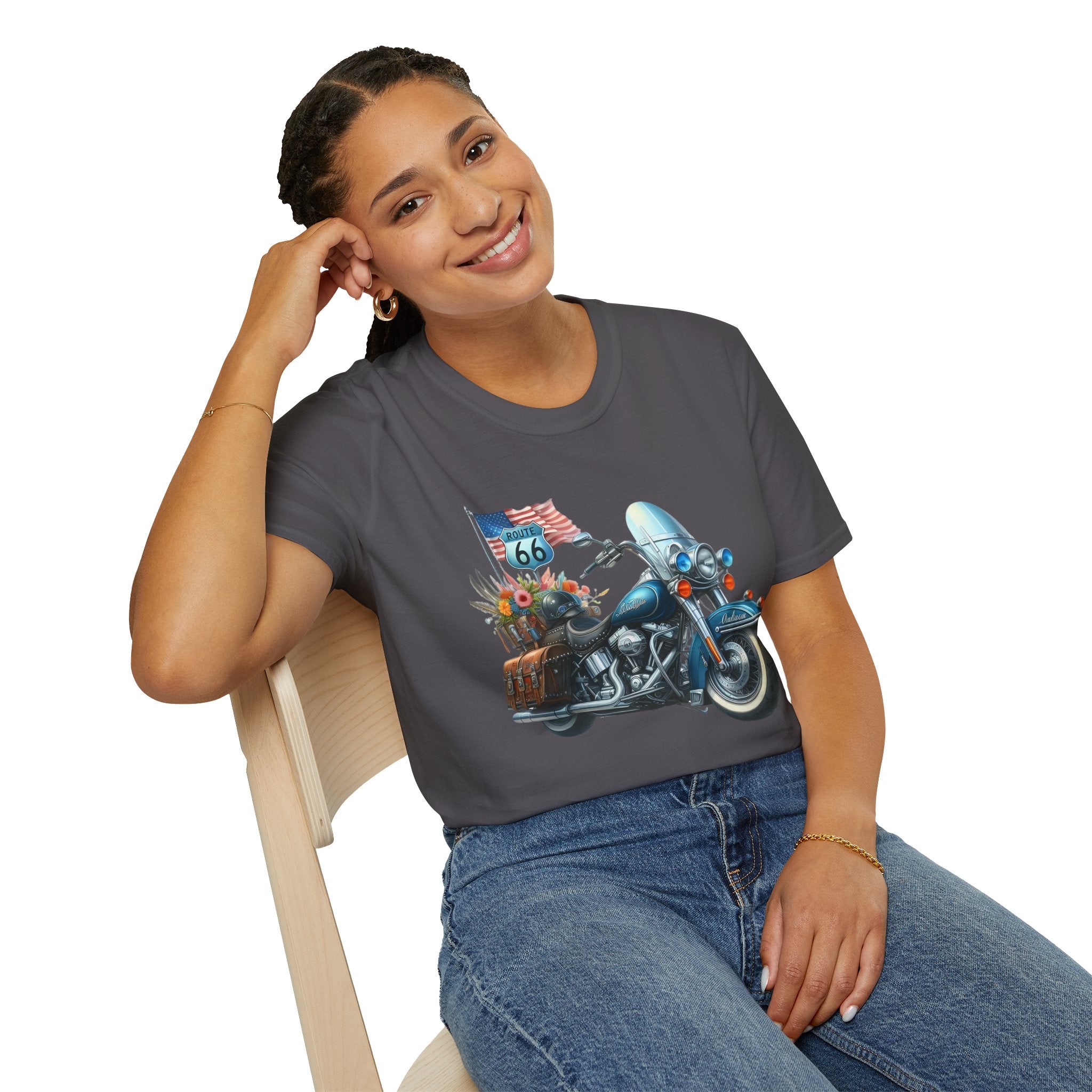 Route 66 Motorcycle Illustration T-Shirt | American Flag, Sunflowers