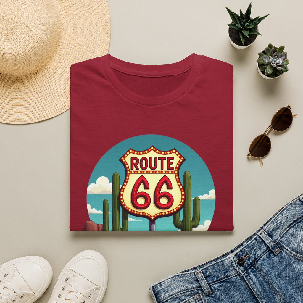 Route 66 Classic Car T-Shirt | Retro Desert Road Sign, Vintage Convertible