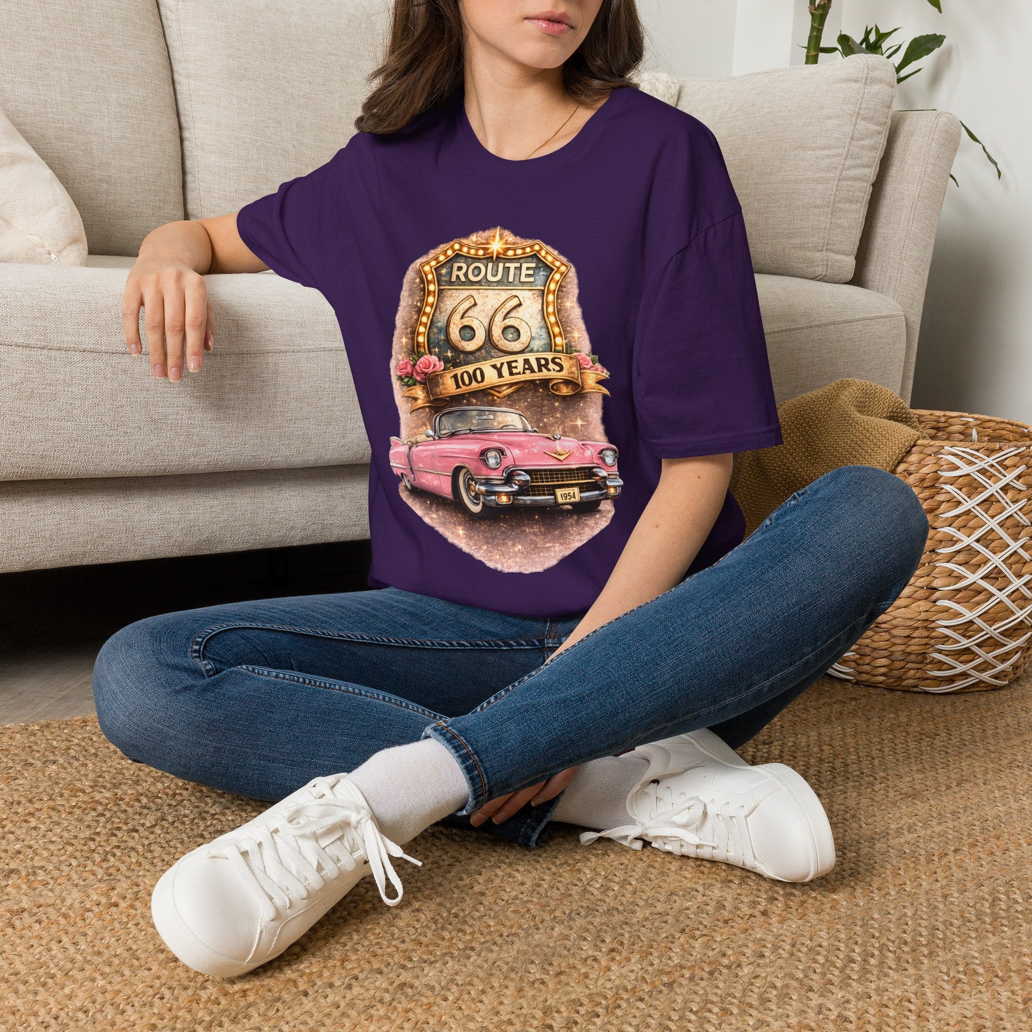 Route 66 100 Years Pink Classic Car T-Shirt | Vintage Road Trip Tee