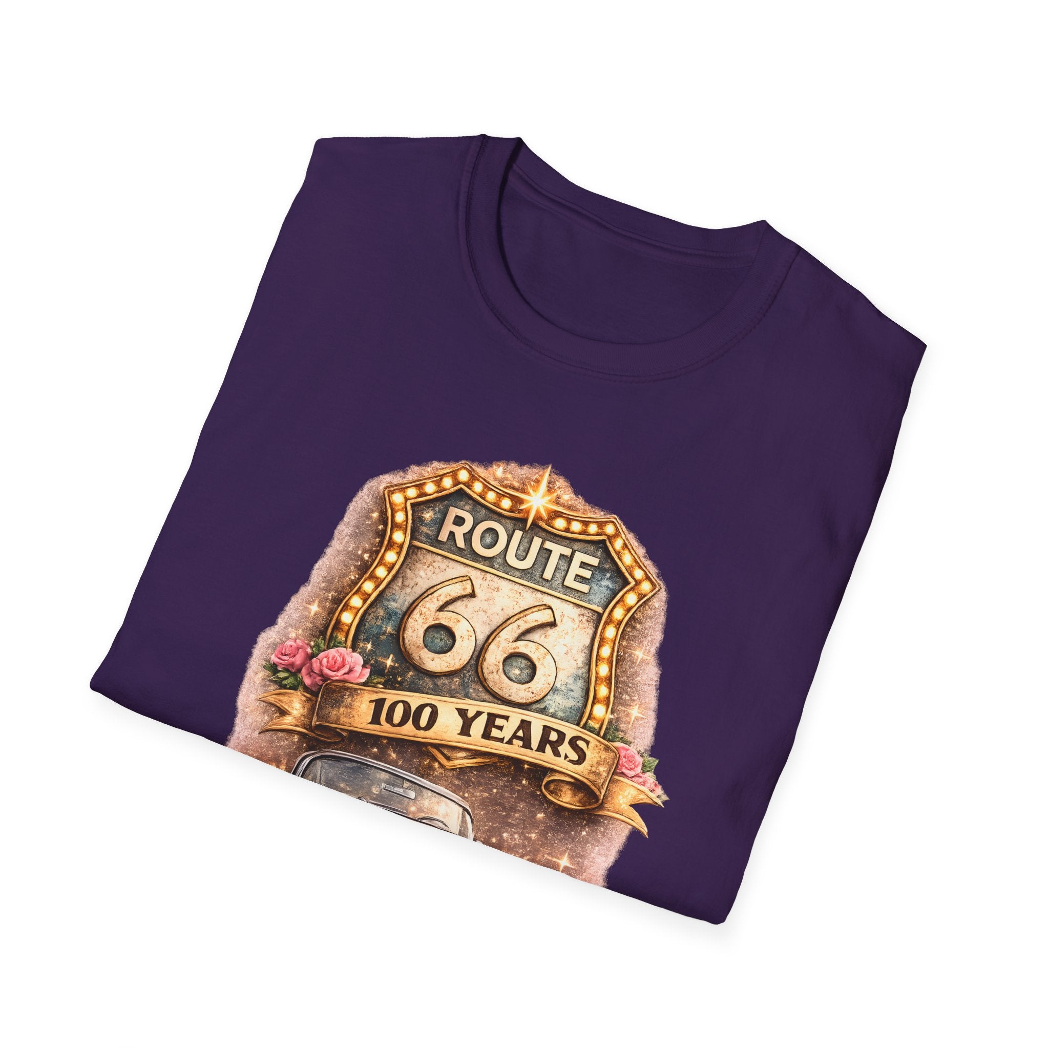 Route 66 100 Years Pink Classic Car T-Shirt | Vintage Road Trip Tee