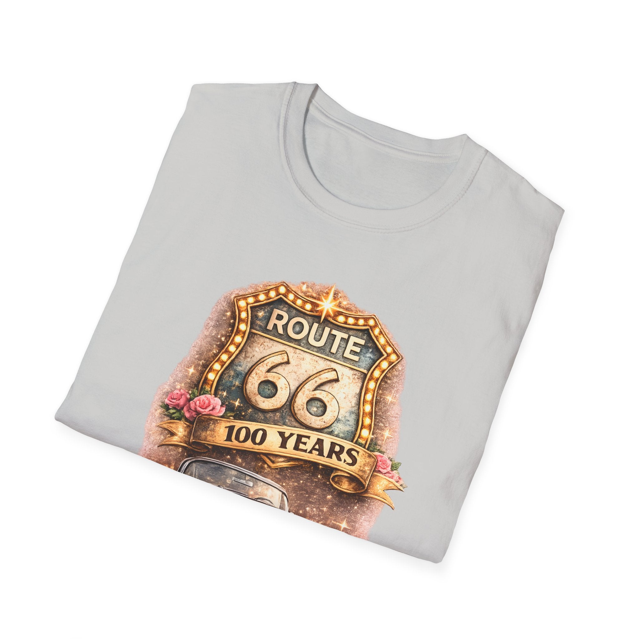 Route 66 100 Years Pink Classic Car T-Shirt | Vintage Road Trip Tee