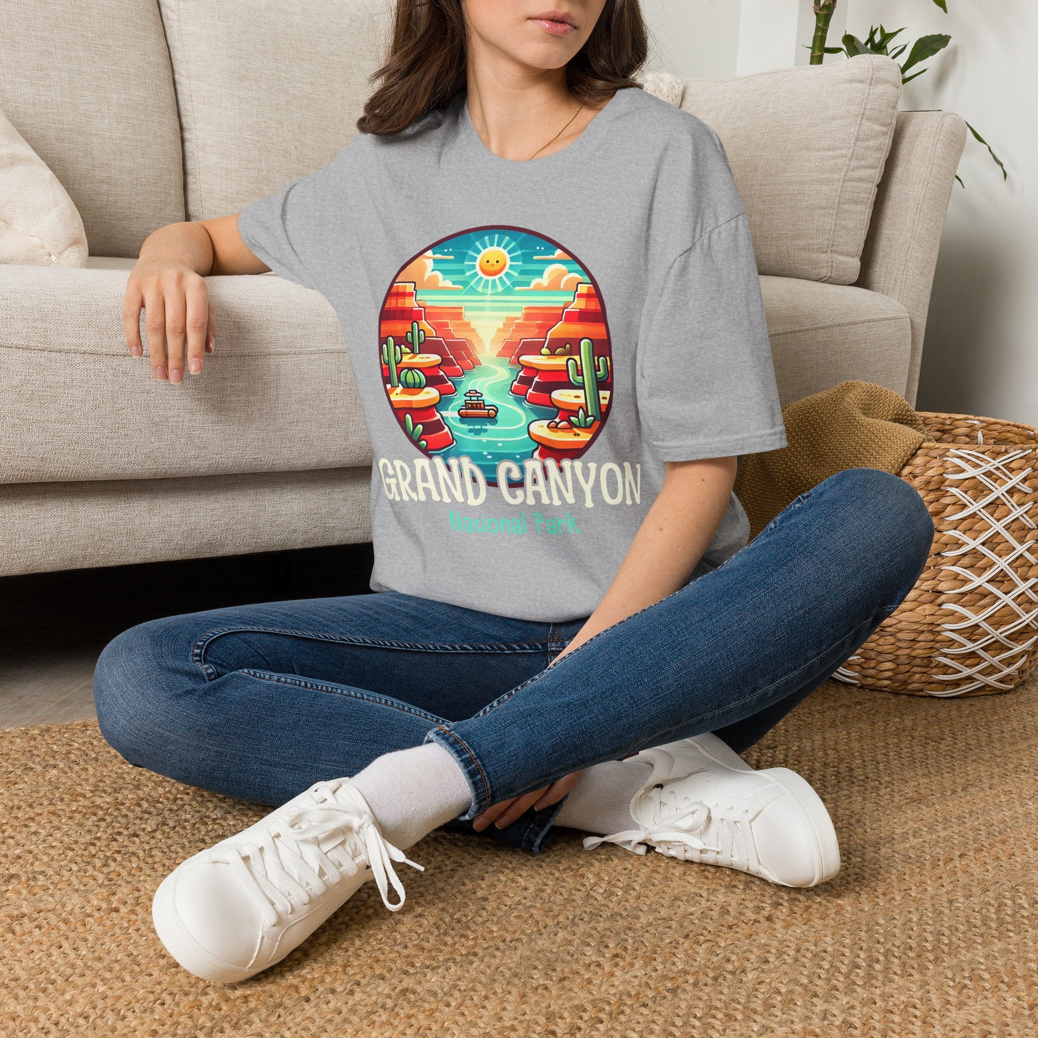 Grand Canyon National Park Retro Sunset T-Shirt | Canyon River Illustration