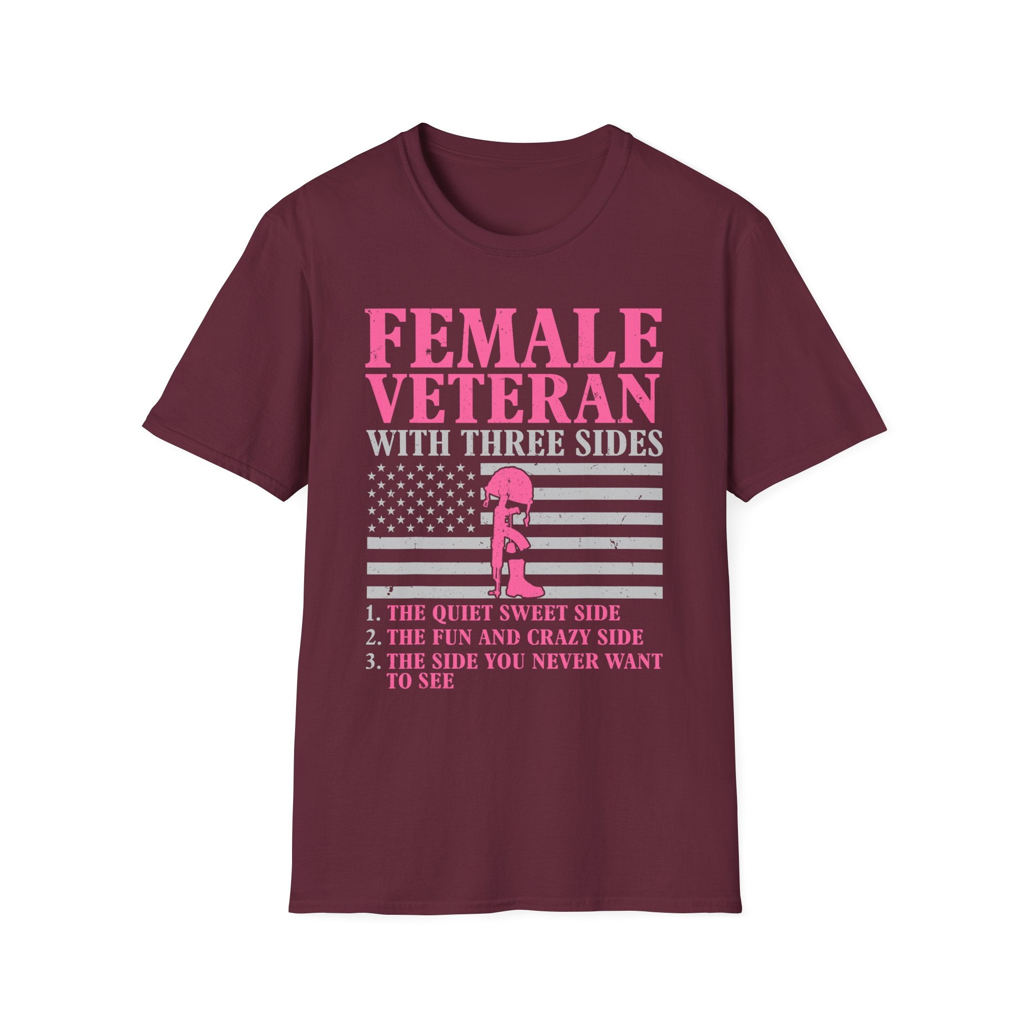 Female Veteran with Three Sides T-Shirt | American Flag, Pink Helmet, Military Pride