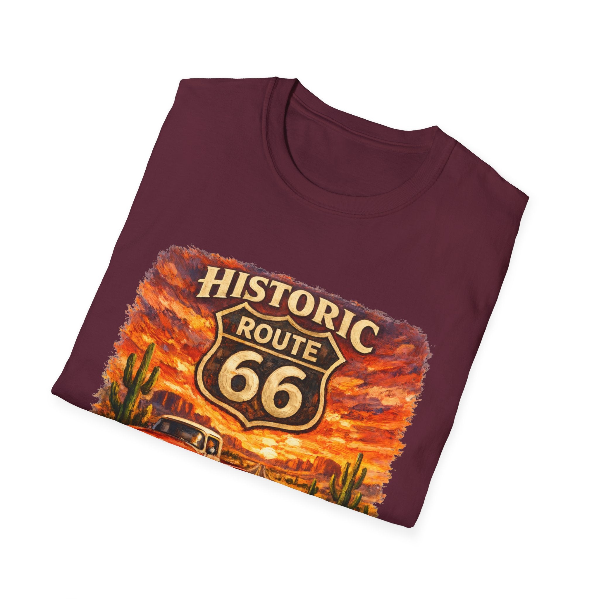 Historic Route 66 Road Trip T-Shirt | Vintage Car Desert Sunset