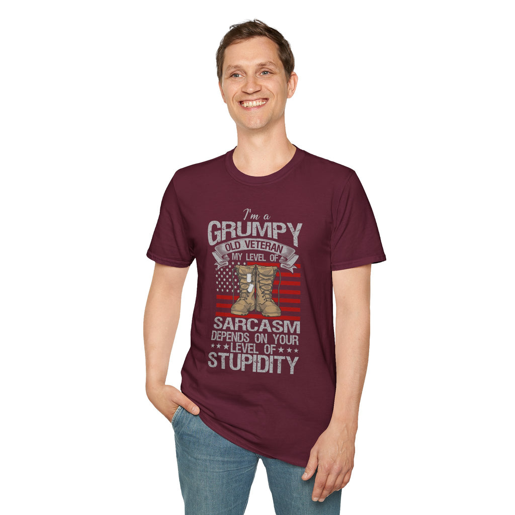 Grumpy Old Veteran Boots, T-Shirt | American Flag, Sarcasm Depends on Stupidity