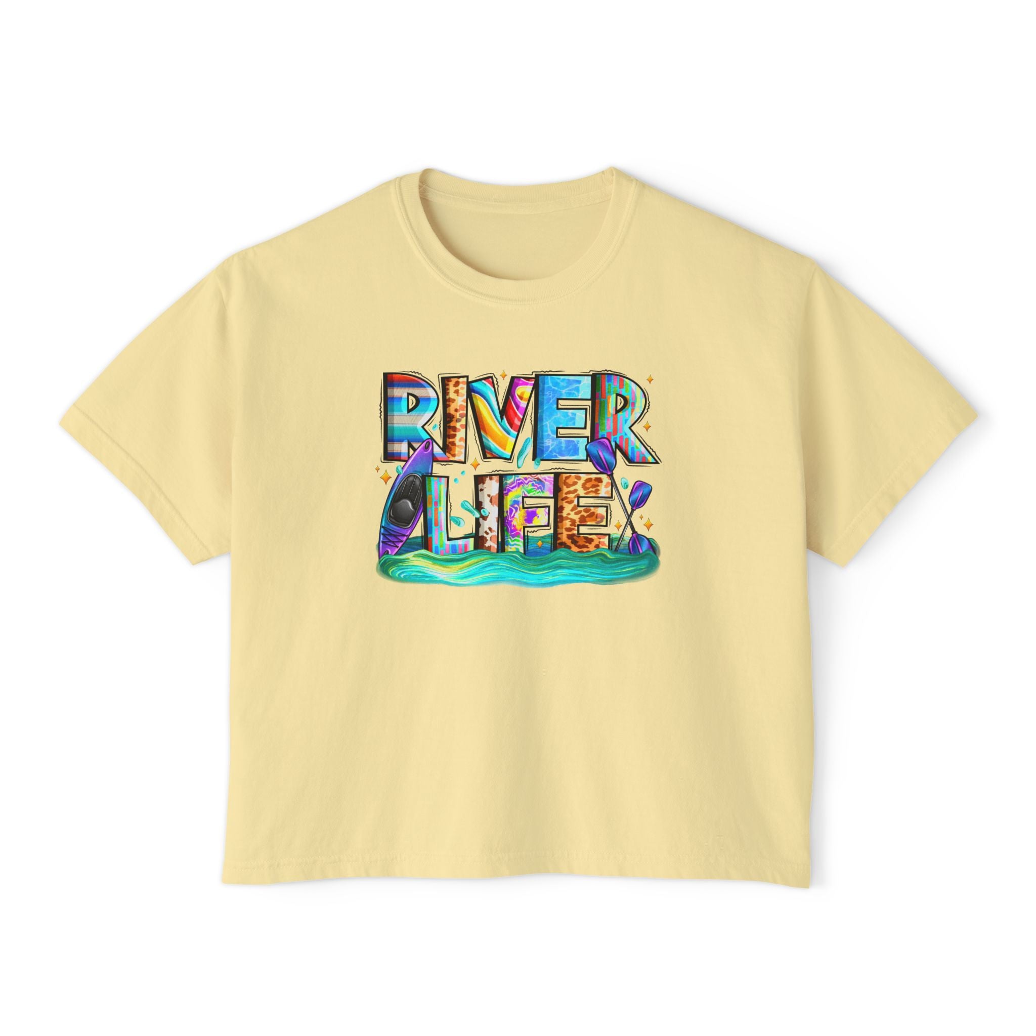 River Life boxy tee | colorful river lettering, kayak, fishing graphics