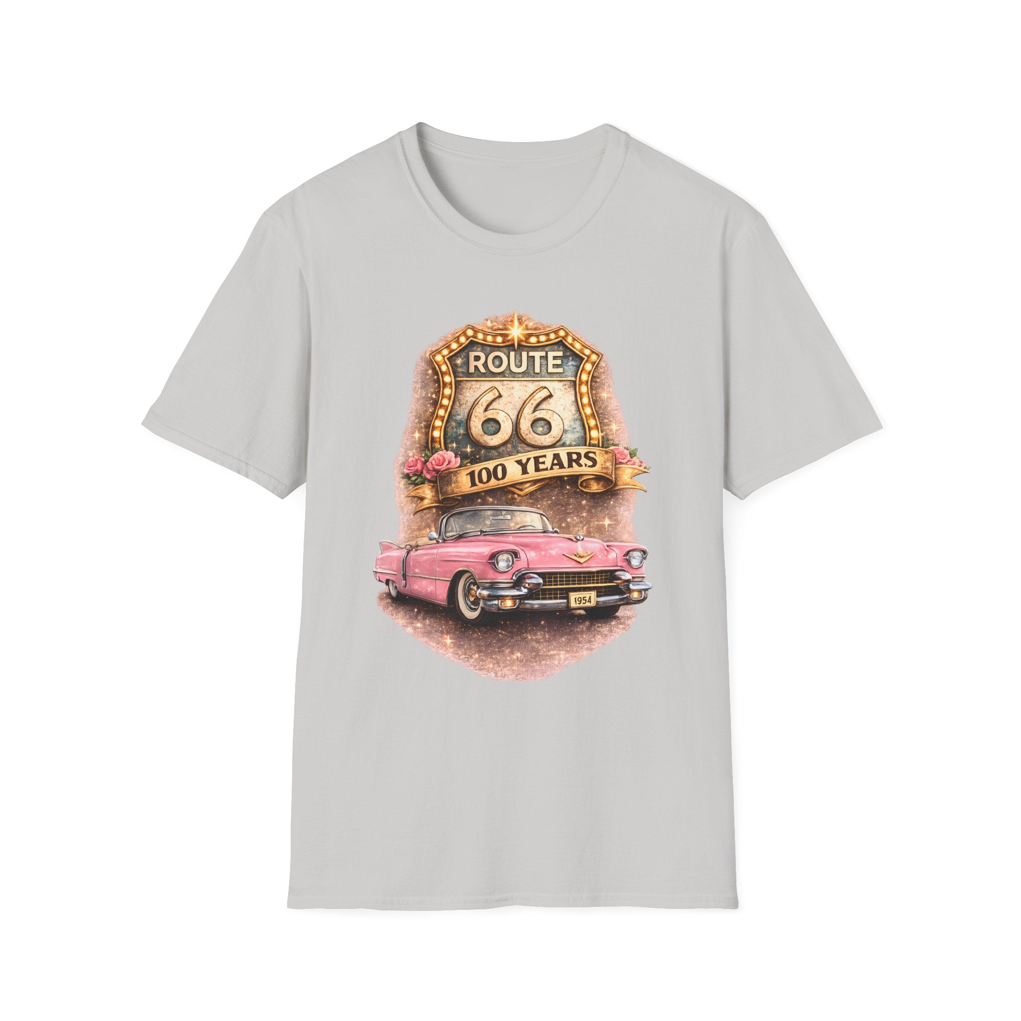 Route 66 100 Years Pink Classic Car T-Shirt | Vintage Road Trip Tee