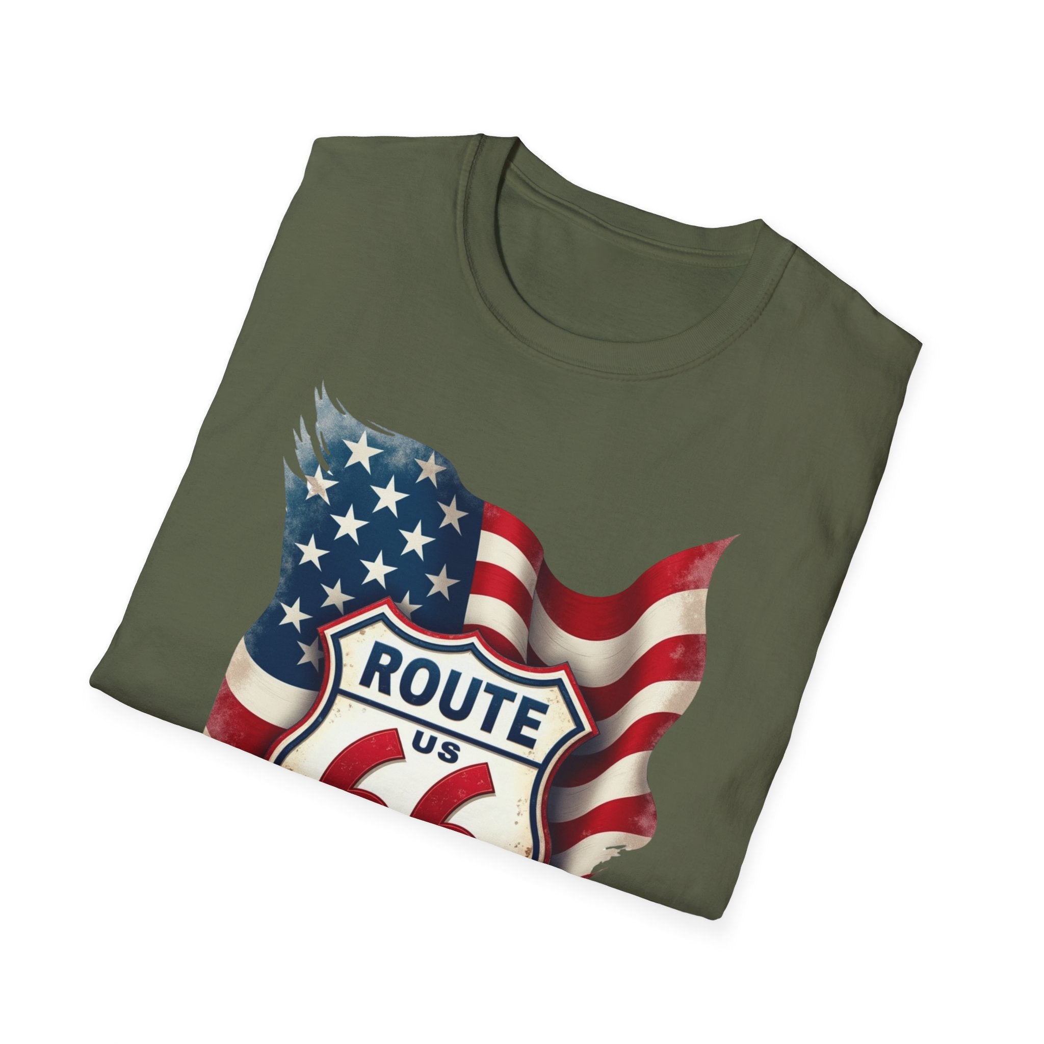 Route 66 Shield with American Flag T-Shirt | Vintage Road Trip Tee