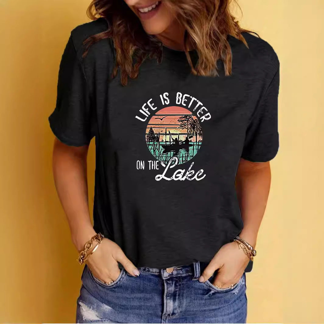 LAKE print round neck short sleeved T-shirt