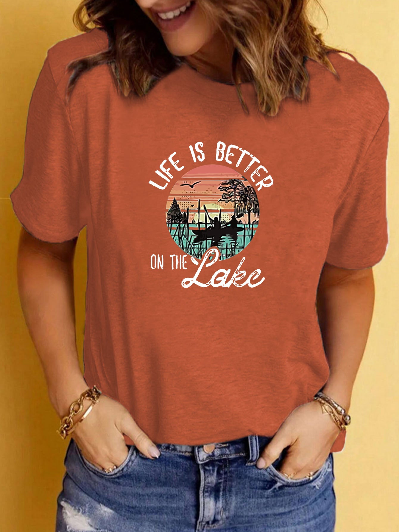 LAKE print round neck short sleeved T-shirt