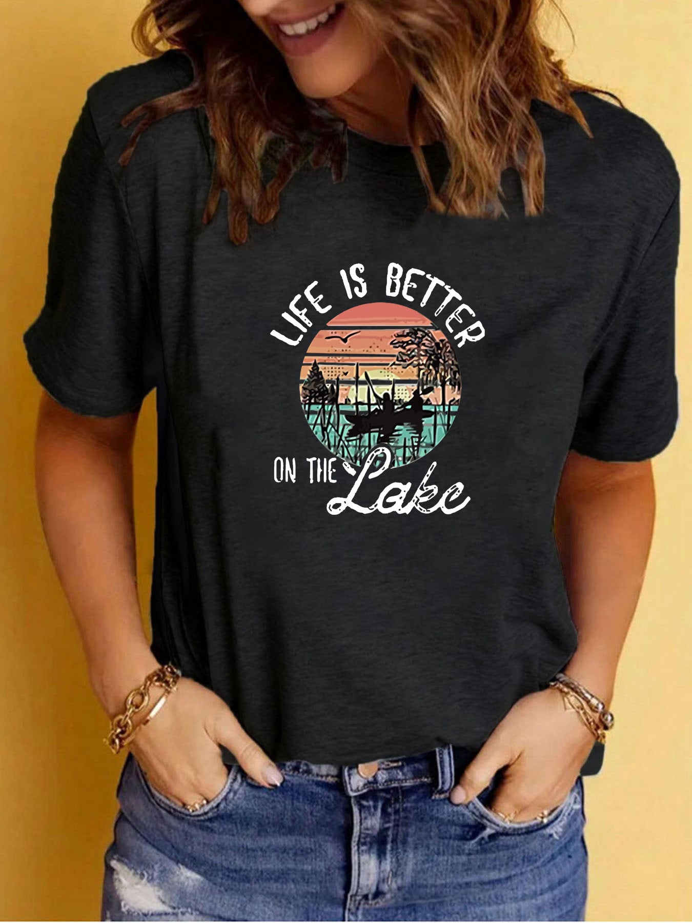 LAKE print round neck short sleeved T-shirt