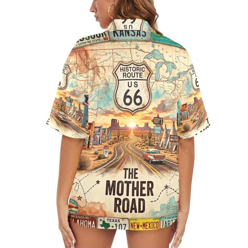 Route 66 The Mother Road Women's All Over Print Hawaiian Shirt （Made in USA，Ships to USA Only）