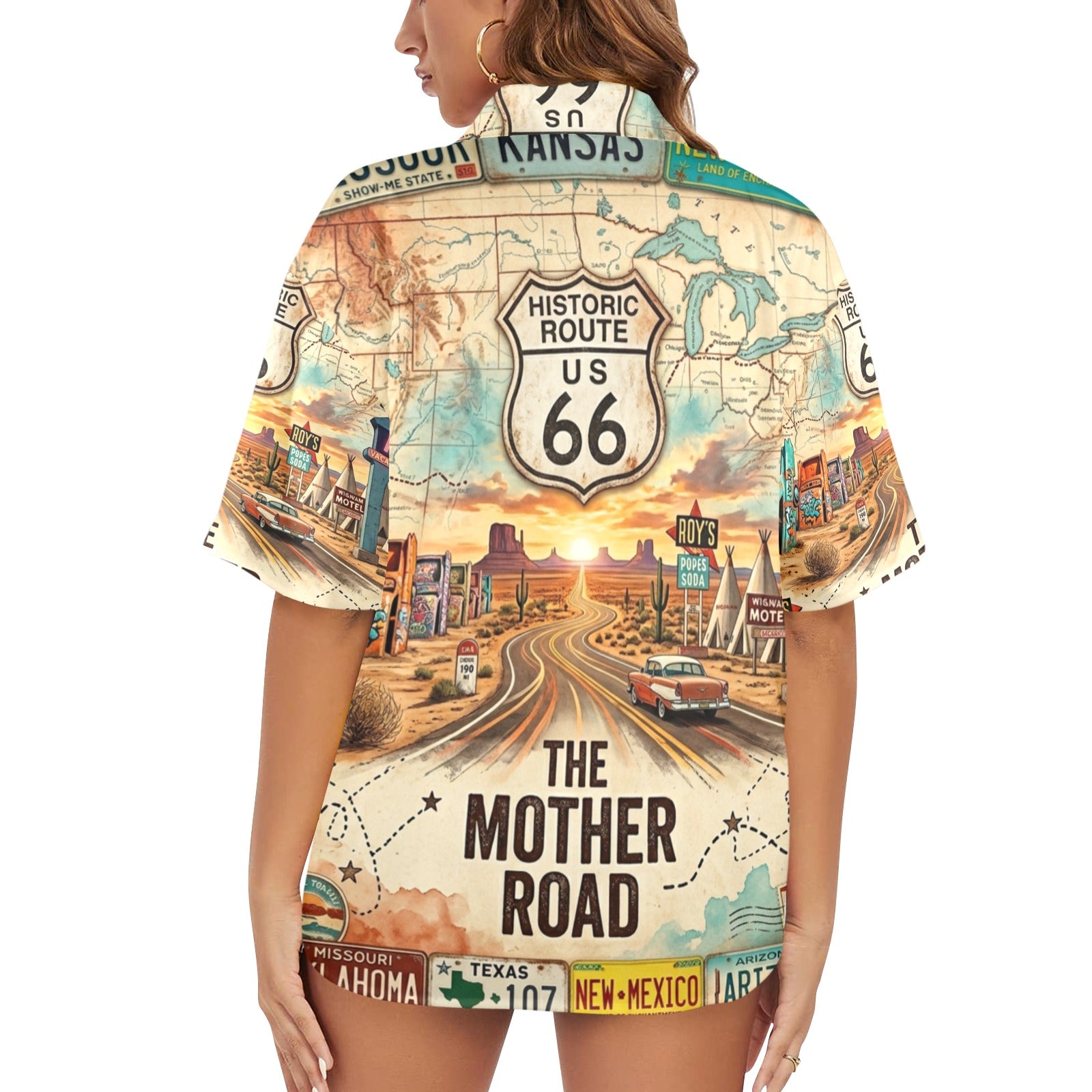Route 66 The Mother Road Women's All Over Print Hawaiian Shirt （Made in USA，Ships to USA Only）