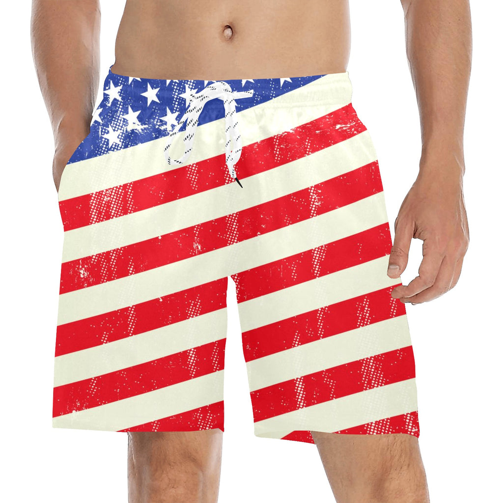 American flag Celebration time Men's Mid-Length Beach Shorts Free  Shipping